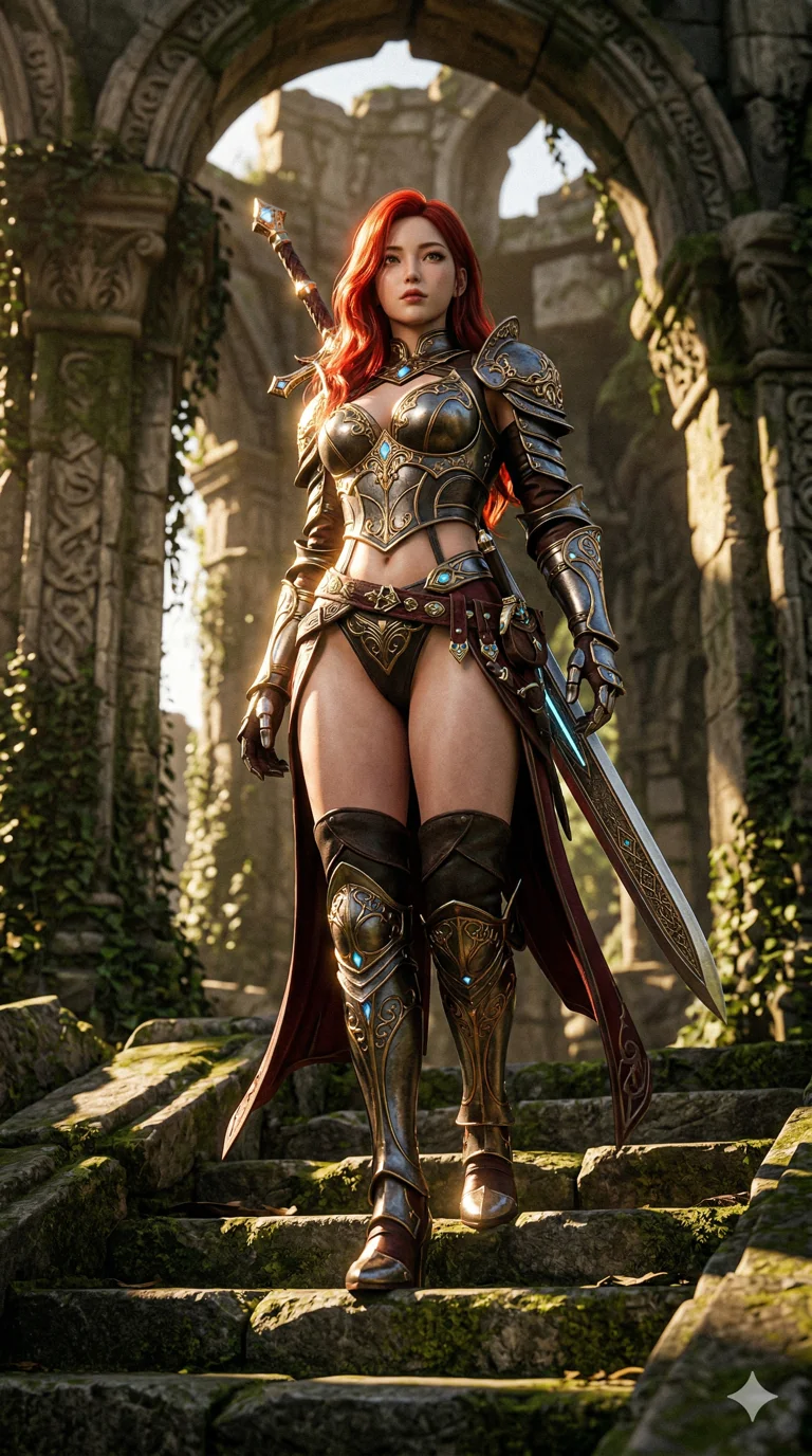 score_9, masterpiece, best quality, ultra-detailed, highly detailed CG unity 8k render, an incredibly beautiful Korean woman. Dynamic low angle shot filling the frame. She has an absolutely perfect 8-heads proportion, an exceptionally tall female figure with a delicate skinny figure. Her face is a highly detailed masterpiece featuring a v-shaped jawline, high-bridge nose, intricate jewel-like eyes, thick eyelashes, and glossy lips. She has vibrant red flowing hair. She is wearing a alluring high-cut fantasy armor bikini with intricate gold details, bare thighs, highlighting her alluring silhouette. Majestic ancient ruins, cinematic sunlight, dramatic rim lighting, cinematic shadows, 2k, ultra detail, master piece, 9:16 ratio