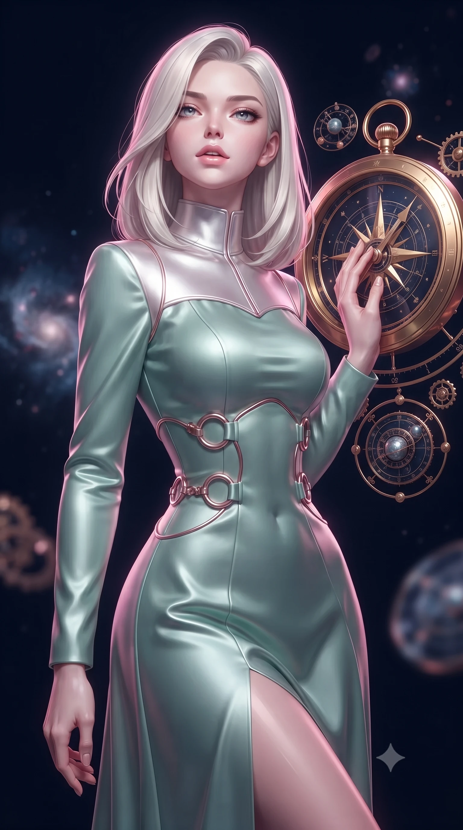 score_9, masterpiece, best quality, ultra-detailed, high-budget anime keyframe, editorial fashion photography, tasteful artistic composition, Caucasian woman. close-up cowboy shot from the waist and thighs up, the character dominates the composition, filling the frame with her large presence, background elements kept in soft focus. Tilting her chin up slightly with lips parted in a composed, magnetic expression, resting against a golden celestial compass surrounded by floating planetary dials, deep navy cosmic void providing intense subject isolation. She has an exceptionally elegant, slender, and willowy female figure with an ultra-slim waist, a gracefully sculpted slender torso, and a refined silhouette. sharp v-shaped jawline, high-bridge nose, intricate jewel-like eyes with depth, thick eyelashes, glossy lips with a natural sheen. wearing long-sleeved seafoam green satin gown with high structured collar in radiant platinum, made of soft rose-gold satin, trimmed with rose-gold ring hardware along the waist contours, highlighting her statuesque proportions and ultra-slim waistline. bathed in radiant cosmic pink and deep navy blue ambient lighting. ultra-reflective glossy finish, specular highlights, metallic sheen, high-contrast stereoscopic depth, volumetric dynamic lighting, 2k, ultra detail, master piece, 9:16 ratio