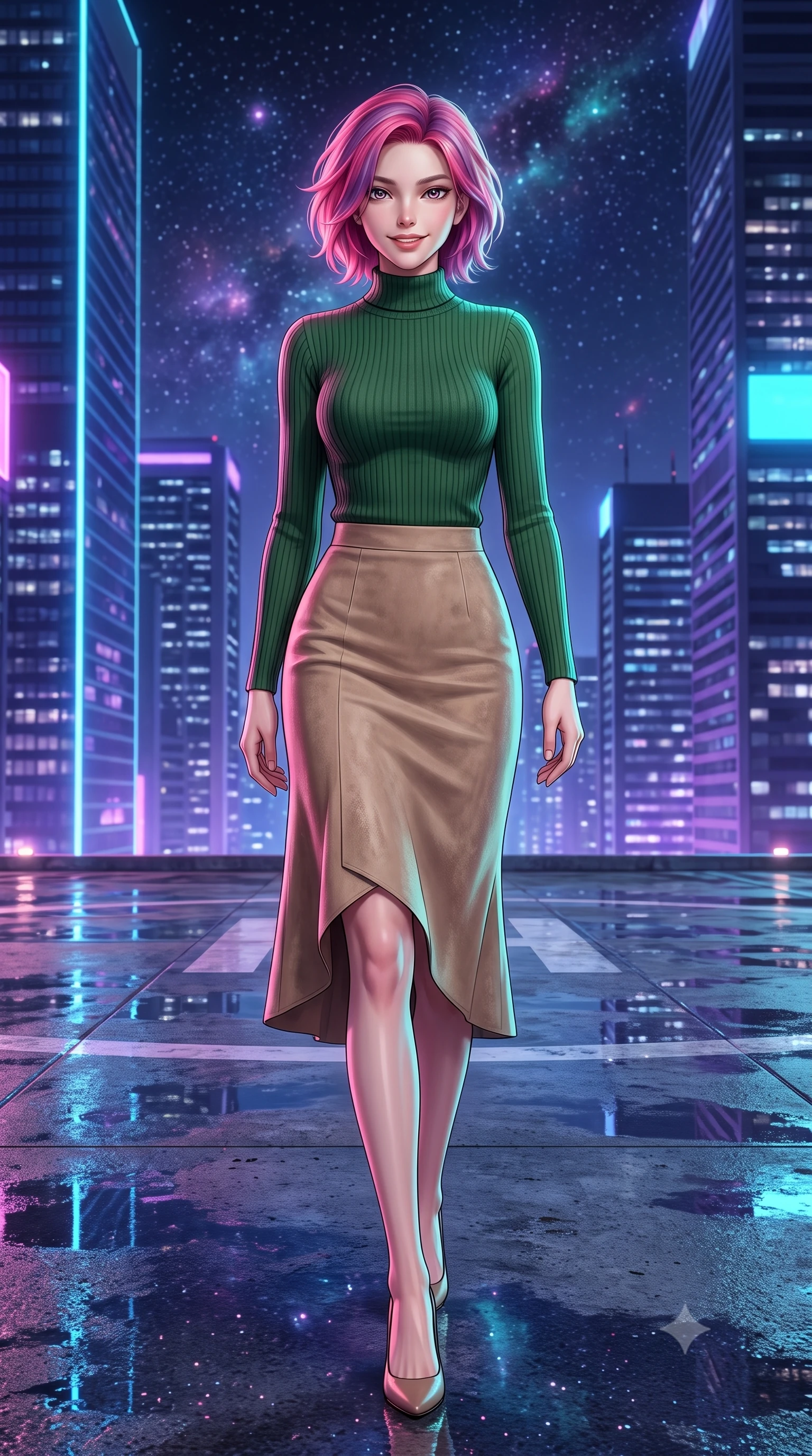 score_9, masterpiece, best quality, ultra-detailed, high-budget anime keyframe, editorial fashion photography, tasteful artistic composition, Caucasian woman, strictly human ears. low angle full-body shot from head to toe showing her feet, filling the entire 9:16 vertical frame with her statuesque presence, stretching her vertical silhouette. stepping elegantly with a warm, welcoming smile through on a high-rise building helipad at night, with wet concrete reflecting the vibrant blue and purple neon lights of surrounding skyscrapers. She has a statuesque 8.5-heads proportion, an exceptionally tall, slender and willowy model-like build with impossibly long legs and a highly sculpted ultra-slim waist. sharp v-shaped jawline, high-bridge nose, intricate jewel-like eyes with depth, thick eyelashes, glossy lips with a natural sheen. wearing a body-hugging high-neck forest green ribbed sweater paired with a beige suede midi skirt. starlight and nebula glow casting soft cosmic pink and cyan highlights on her form. 2k, ultra detail, master piece, 9:16 ratio