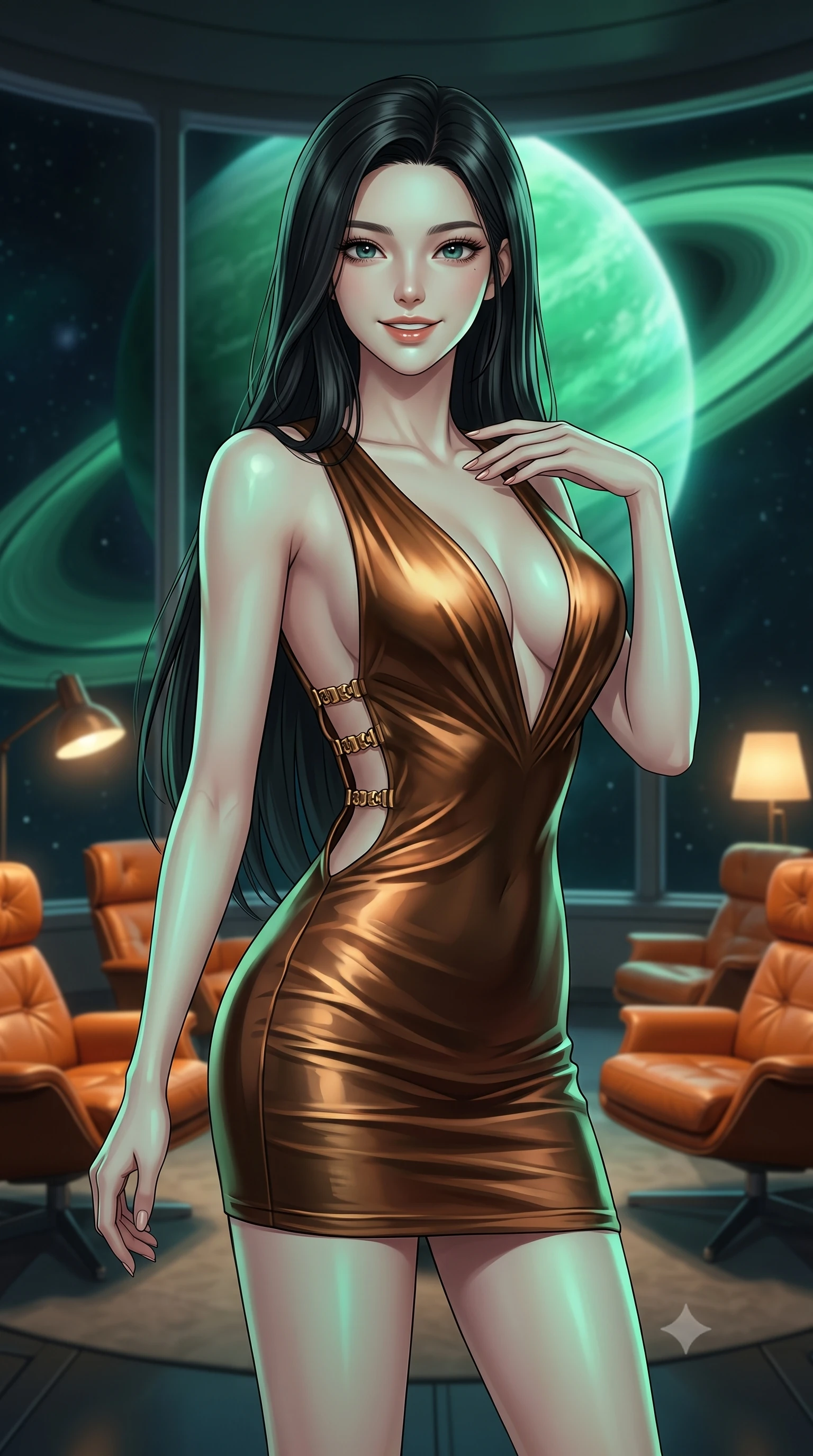 score_9, masterpiece, best quality, ultra-detailed, high-budget anime keyframe, editorial fashion photography, tasteful artistic composition, Korean woman. close-up cowboy shot from the waist and thighs up, the character dominates the composition, filling the frame with her large presence, background elements kept in soft focus. Gazing ahead with a happy, optimistic expression and a gentle smile. set against a soft-focus background of in a futuristic spaceship observation lounge with classic orange leather lounge chairs, looking through panoramic windows at a giant green ringed planet. She has an exceptionally elegant, slender, and willowy female figure with a highly-defined ultra-slim waist, a gracefully sculpted slender torso, and a refined slim-fit silhouette that contours her form. sharp v-shaped jawline, high-bridge nose, intricate jewel-like eyes with depth, thick eyelashes, glossy lips with a natural sheen. wearing a deep-V bodycon mini dress in shifting liquid bronze, featuring a dramatic open back and gold spine hardware. cool emerald light reflecting from the ringed planet outside, mixed with warm ambient reading lamps inside the solarium. 2k, ultra detail, master piece, 9:16 ratio
