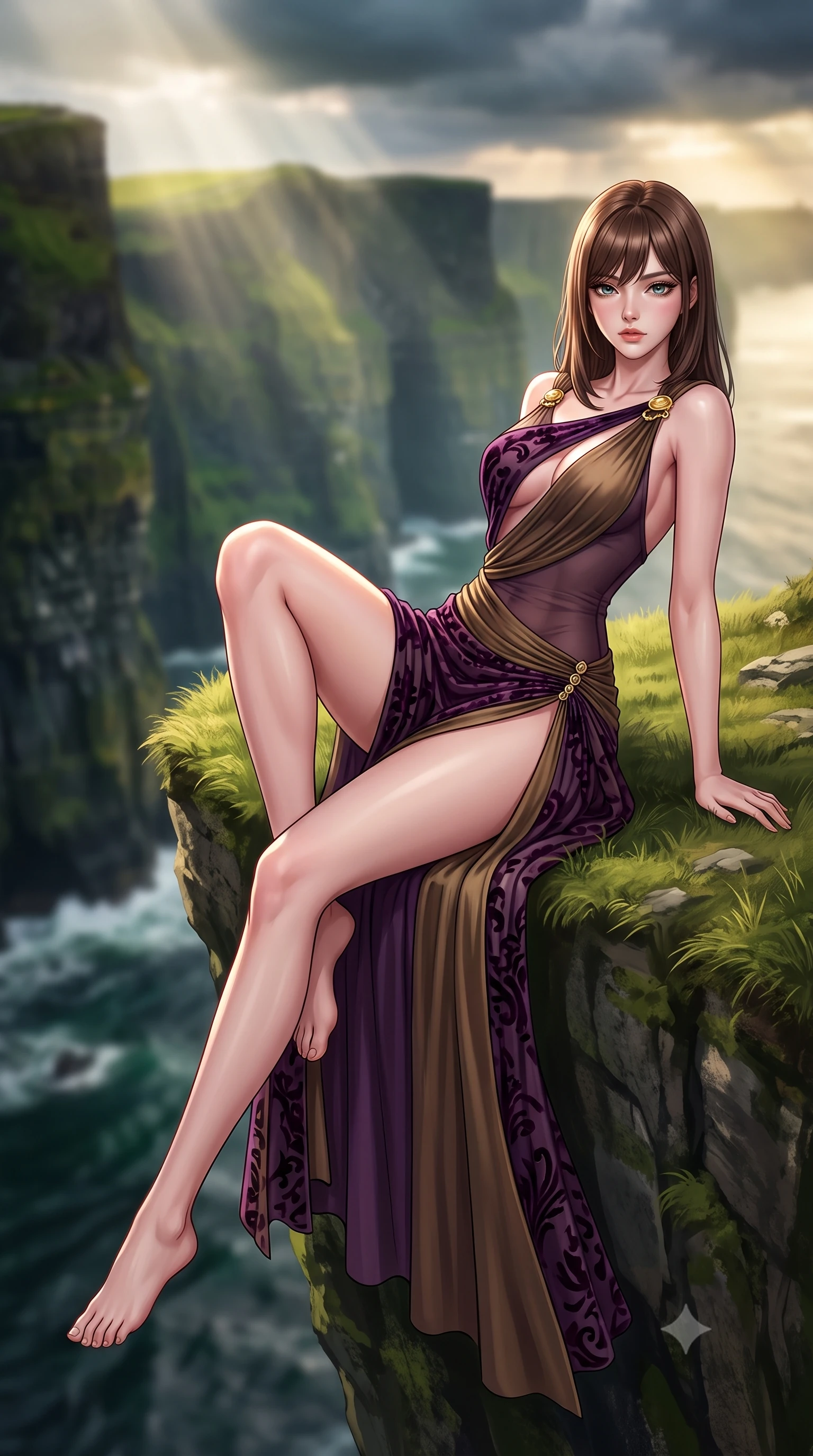 score_9, masterpiece, best quality, ultra-detailed, high-budget anime keyframe, semi-realistic 3D game render, editorial fashion photography, tasteful artistic composition, Korean woman. low angle full-body shot from head to toe showing her feet, filling the entire 9:16 vertical frame with her statuesque presence, stretching her vertical silhouette. reclining on her side in an elegant Cleopatra pose with one knee drawn up, the dramatic contour of her rounded hips and long slender legs commanding the 9:16 vertical frame while perching on the grassy cliff edge with legs crossed, her long slender legs and narrow waist highlighted against the sheer 500-meter drop into crashing surf. The composition keeps background elements in soft focus with creamy bokeh. sheer vertical green sea cliffs and crashing dark ocean breakers blurred into moody emerald, slate, and golden sunbeam bokeh. She has an exceptionally tall and slender model-like 8.5-heads proportion, an ultra-slim waist, a flat toned midriff, narrow delicate ribcage, and beautifully sculpted feminine hips creating a graceful, slim hourglass silhouette without any bulky heaviness, with impossibly long slender legs. sharp v-shaped jawline, high-bridge nose, intricate jewel-like eyes with depth, thick eyelashes, glossy parted lips with a natural sheen, intensely captivating and seductive bedroom-eyes expression, flawlessly proportioned anatomical accuracy, strict slender model proportions, natural body alignment, perfectly sculpted long slender limbs, ultra-slim waistline, clean dynamic posture without body distortion. wearing a high-slit Grecian goddess draped gown with asymmetrical gold shoulder clasps and hip gathering in deep plum violet and antique bronze, made of sheer contouring power-mesh with velvet flocking patterns, finished with an ultra-high side slit secured by miniature jeweled clasps, the liquid-tight tailored fabric clinging flawlessly to her narrow waist and rounded feminine hips, emphasizing every millimeter of her sculpted slim hourglass curves without any bulky heaviness. bathed in dramatic god-ray sunlight piercing through dark Atlantic storm clouds onto the cliff ridge. highly saturated vibrant anime colors, detailed shading with soft gradients, rich glossy textures, high-contrast stereoscopic depth, volumetric dynamic lighting, master piece, 9:16 ratio