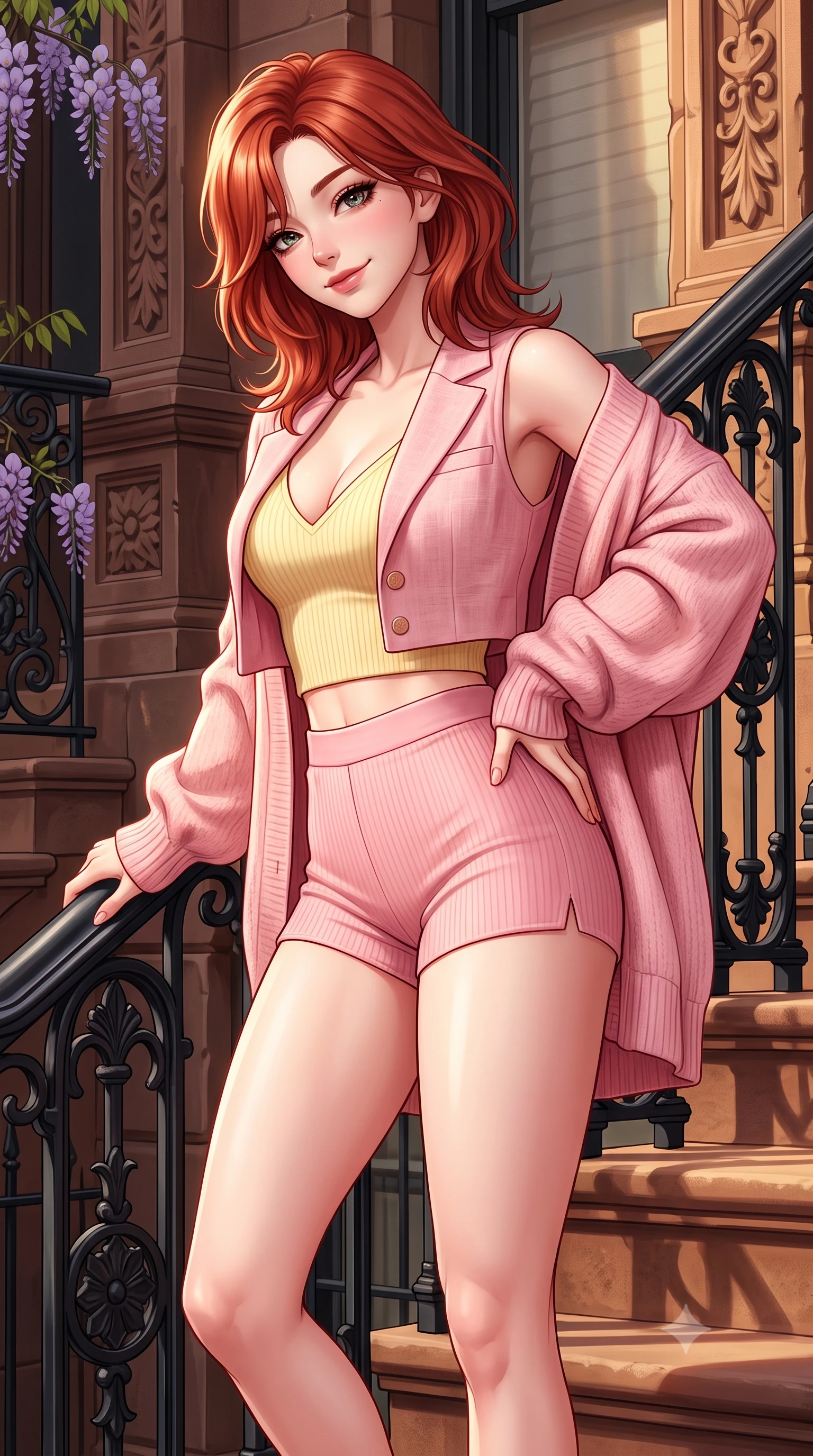 score_9, masterpiece, best quality, ultra-detailed, high-budget anime keyframe, semi-realistic 3D game render, editorial fashion photography, tasteful artistic composition, Korean woman. close-up cowboy shot from the waist and thighs up, the character dominates the composition, filling the frame with her large presence. tilting her head with a cute beaming smile while arching her spine with effortless dancer poise, one hand sliding along her hip line in a flirtatious S-curve while leaning against the ornate black cast-iron handrail with hips cocked back, looking over her shoulder with effortless downtown supermodel charisma. The surrounding environment is rendered in vivid detail and crisp panoramic clarity. sharp carved brownstone masonry textures, black iron handrail details, and wisteria petal venation in deep focus. She has an exceptionally elegant, slender, and willowy female figure with an ultra-slim waist, flat toned midriff, narrow ribcage, and sculpted feminine hips creating an alluring, slim hourglass silhouette without bulk. sharp v-shaped jawline, high-bridge nose, intricate jewel-like sparkling eyes with depth, thick eyelashes, glossy parted lips with a natural peach sheen, bright cheerful beaming smile with an enchanting and coquettish sensual glint, exuding both youthful cute charm and seductive allure, flawlessly proportioned anatomical accuracy, strict slender model proportions, natural body alignment, perfectly sculpted long slender limbs, ultra-slim waistline, clean dynamic posture without body distortion. wearing a chic cropped linen blazer worn with a plunging-V camisole and high-waisted tailored hot-pants showcasing her long slender legs in sweet strawberry milk pink and butter yellow, formed from supple second-skin stretch ribbed knit clinging to her form, complemented by an oversized soft knit cardigan slipping off one bare shoulder, the high-waisted tailoring accentuating her ultra-slim waistline and the enchanting curve of her feminine hips with alluring charm. illuminated by warm sandstone stoop bounce light contouring her razor-sharp jawline, narrow waist, and curvy hips. highly saturated vibrant anime colors, detailed shading with soft gradients, rich glossy textures, high-contrast stereoscopic depth, volumetric dynamic lighting, master piece, 9:16 ratio