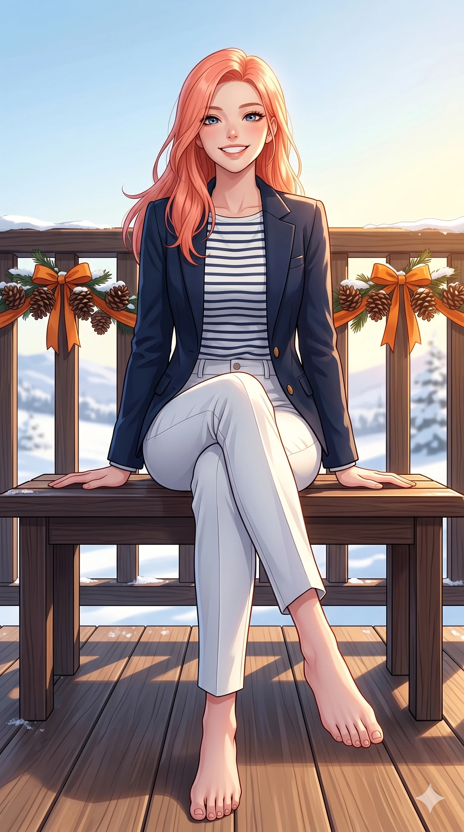 score_9, masterpiece, best quality, ultra-detailed, high-budget anime keyframe, vibrant anime aesthetic, Japanese woman. low angle full-body shot from head to toe showing her feet, filling the entire 9:16 vertical frame with her statuesque presence, stretching her vertical silhouette. She is sitting on a wooden bench, smiling cheerfully while enjoying the winter sun on a wooden balcony decorated with autumn pine cones and orange ribbons (Code-P21-022). She has an absolutely perfect 8-heads proportion, an exceptionally tall and slender female figure with impossibly long slender legs and an ultra-slim waist. V-shaped jawline, high-bridge nose, intricate jewel-like eyes with depth, thick eyelashes, glossy lips with a natural sheen. wearing a navy blazer over a striped cotton shirt and white pants in winter. She is bathed in a beautiful winter contrast of warm yellow sunbeams and cool snow reflections. 2k, ultra detail, master piece, 9:16 ratio