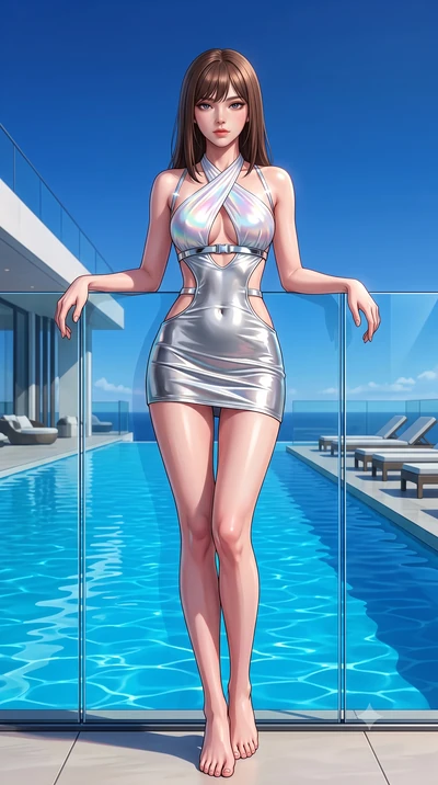 score_9, masterpiece, best quality, ultra-detailed, high-budget anime keyframe, semi-realistic 3D game render, editorial fashion photography, tasteful artistic composition, Korean woman. low angle full-body shot from head to toe showing her feet, fil