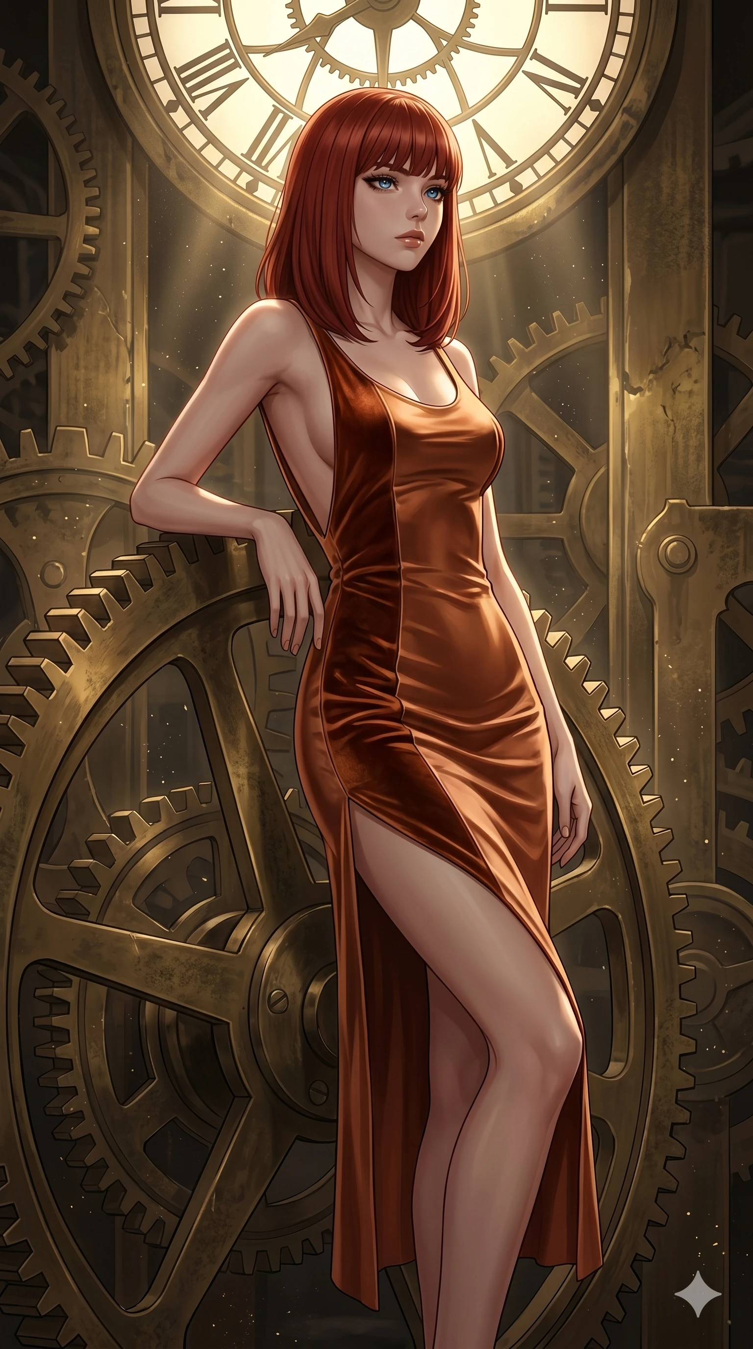 score_9, masterpiece, best quality, ultra-detailed, high-budget anime keyframe, editorial fashion photography, tasteful artistic composition, Caucasian woman, strictly human ears. cowboy shot from the thighs up, character and outfit filling the frame for maximum editorial presence. leaning against a giant gear wheel, looking past the camera with quiet, thoughtful intensity in an antique clock tower with massive brass gears turning slowly (Code-P16-094). She has an absolutely perfect 8-heads proportion, an exceptionally tall and slender female figure with impossibly long slender legs and an ultra-slim waist. V-shaped jawline, high-bridge nose, intricate jewel-like eyes with depth, thick eyelashes, glossy lips with a natural sheen. wearing a form-fitting copper and velvet slip dress with a scooped open back and side slit. dramatic chiaroscuro with a single golden key light filtering through the clock face. 2k, ultra detail, master piece, 9:16 ratio