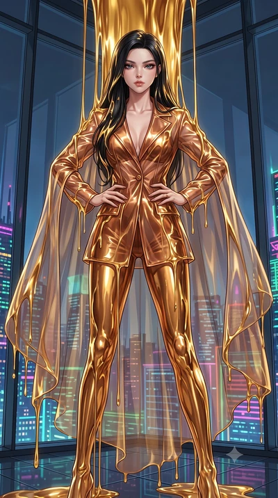 score_9, masterpiece, best quality, ultra-detailed, High-budget Anime Keyframe, East Asian woman. Low angle cowboy shot filling the entire 9:16 frame with her statuesque presence. Scenario 494: standing under a waterfall of liquid gold, the fluid coa