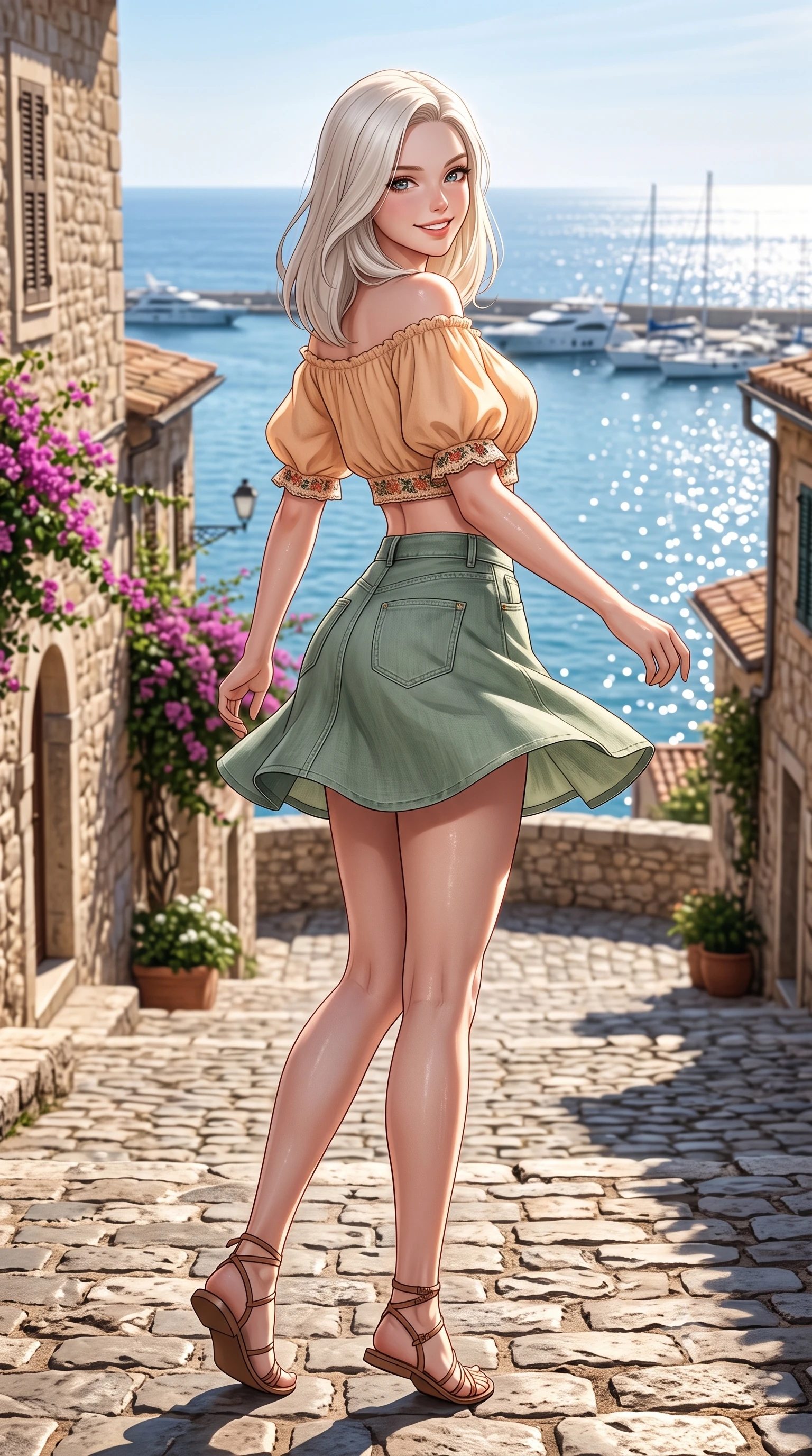 score_9, masterpiece, best quality, ultra-detailed, high-budget anime keyframe, semi-realistic 3D game render, editorial fashion photography, tasteful artistic composition, Caucasian woman. low angle full-body shot from head to toe showing her feet, filling the entire 9:16 vertical frame with her statuesque presence, stretching her vertical silhouette. executing a cheerful mid-motion pivot turn as her skirt flutters around her slender legs, glancing over her shoulder with an intoxicating, teasing cute expression while standing poised on the sun-dappled cobblestone terrace, twisting her slender torso in an alluring contrapposto stance in the warm sea breeze. The surrounding environment is rendered in vivid detail and crisp panoramic clarity. detailed linen sundress weave, sun-dappled skin highlights, and distant yacht clarity in high resolution. She has an exceptionally tall and slender model-like 8.5-heads proportion, an ultra-slim waist, a flat toned midriff, narrow delicate ribcage, and beautifully sculpted feminine hips creating a graceful, slim hourglass silhouette without any bulky heaviness, with impossibly long slender legs. sharp v-shaped jawline, high-bridge nose, intricate jewel-like sparkling eyes with depth, thick eyelashes, glossy parted lips with a natural peach sheen, bright cheerful beaming smile with an enchanting and coquettish sensual glint, exuding both youthful cute charm and seductive allure, flawlessly proportioned anatomical accuracy, strict slender model proportions, natural body alignment, perfectly sculpted long slender limbs, ultra-slim waistline, clean dynamic posture without body distortion. wearing an off-shoulder puff-sleeve crop blouse with a tight high-waisted denim A-line mini skirt emphasizing her curvy hips in soft apricot and sage green, crafted from soft breathable linen with effortless natural drape, complemented by delicate embroidered floral trim along the hem, the form-contouring cut accentuating her sculpted flat midriff, narrow delicate ribcage, and gracefully curvy hips with supermodel precision. illuminated by intense specular sea surface glints defining her sculpted collarbones, narrow waist, and curvy hips. highly saturated vibrant anime colors, detailed shading with soft gradients, rich glossy textures, high-contrast stereoscopic depth, volumetric dynamic lighting, master piece, 9:16 ratio