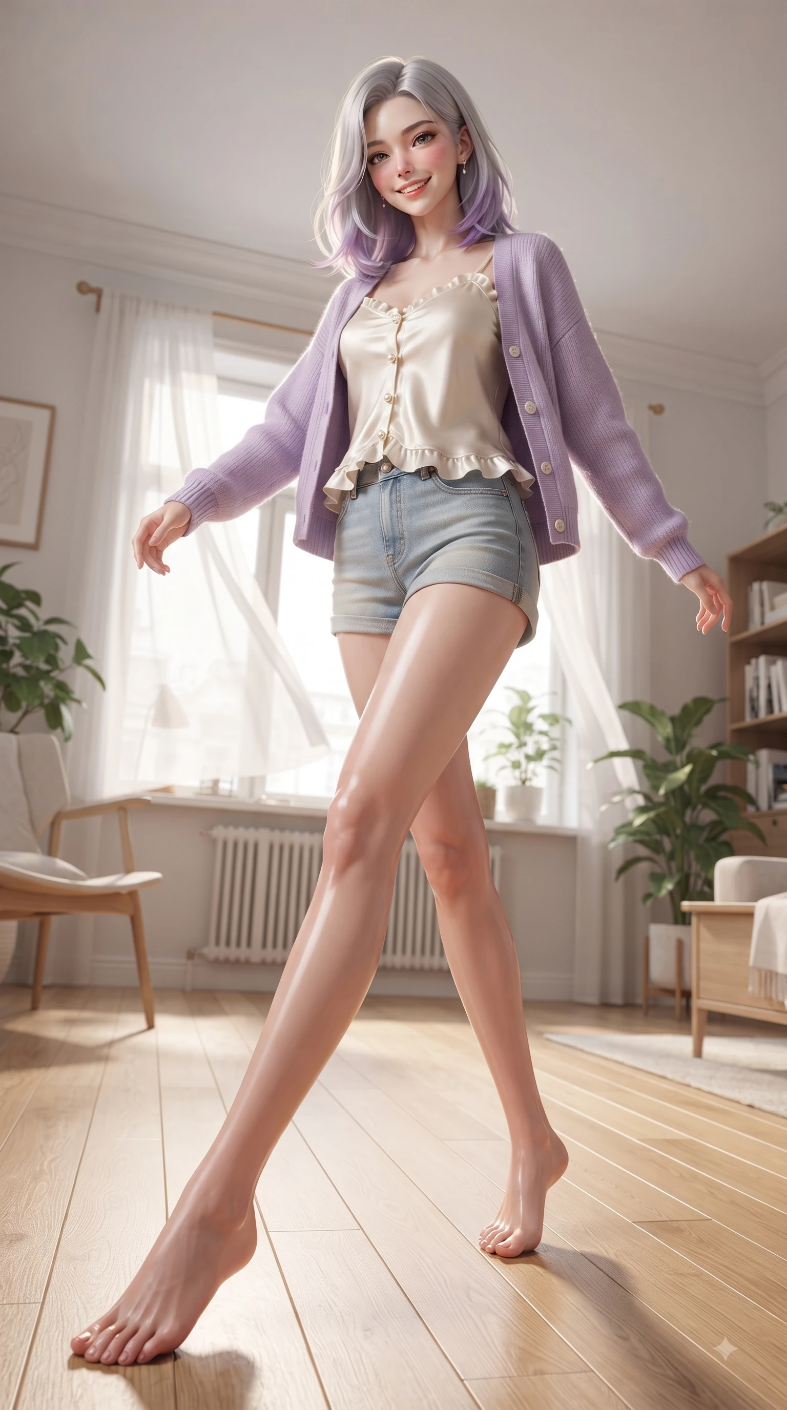 score_9, masterpiece, best quality, ultra-detailed, high-budget anime keyframe, editorial fashion photography, tasteful artistic composition, Caucasian woman. low angle full-body shot from head to toe showing her feet, filling the entire 9:16 vertical frame with her statuesque presence, stretching her vertical silhouette. performing a cheerful mid-motion turn with flawless poise, her radiant smile capturing fresh girlhood energy while stepping gracefully across a light oak floor as soft white curtains flutter in a gentle morning breeze. The surrounding environment is rendered in vivid detail and crisp panoramic clarity. stylish Scandinavian interior decor, sunlit window greenery, and elegant wooden furnishings in sharp resolution. She has an absolutely perfect, statuesque 8.5-heads proportion, an exceptionally tall and slender model-like female figure with impossibly long slender legs and an ultra-slim waist. sharp v-shaped jawline, high-bridge nose, intricate jewel-like eyes with depth, thick eyelashes, glossy lips with a natural sheen, flawlessly proportioned anatomical accuracy, natural body alignment, perfectly sculpted elegant limbs, clean dynamic posture without body distortion. wearing a soft lavender knit cardigan worn over a simple cream silk camisole and light-wash denim shorts in sunny daffodil yellow and clear sky blue, crafted from smooth fluid silk satin, finished with subtle ruffle trims and delicate pearl buttons, the soft airy drape swaying gracefully with her dynamic movements. surrounded by a peaceful, intimate, and relaxing home atmosphere. ultra-reflective glossy finish, specular highlights, metallic sheen, high-contrast stereoscopic depth, volumetric dynamic lighting, 2k, ultra detail, master piece, 9:16 ratio