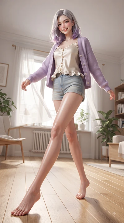 score_9, masterpiece, best quality, ultra-detailed, high-budget anime keyframe, editorial fashion photography, tasteful artistic composition, Caucasian woman. low angle full-body shot from head to toe showing her feet, filling the entire 9:16 vertica