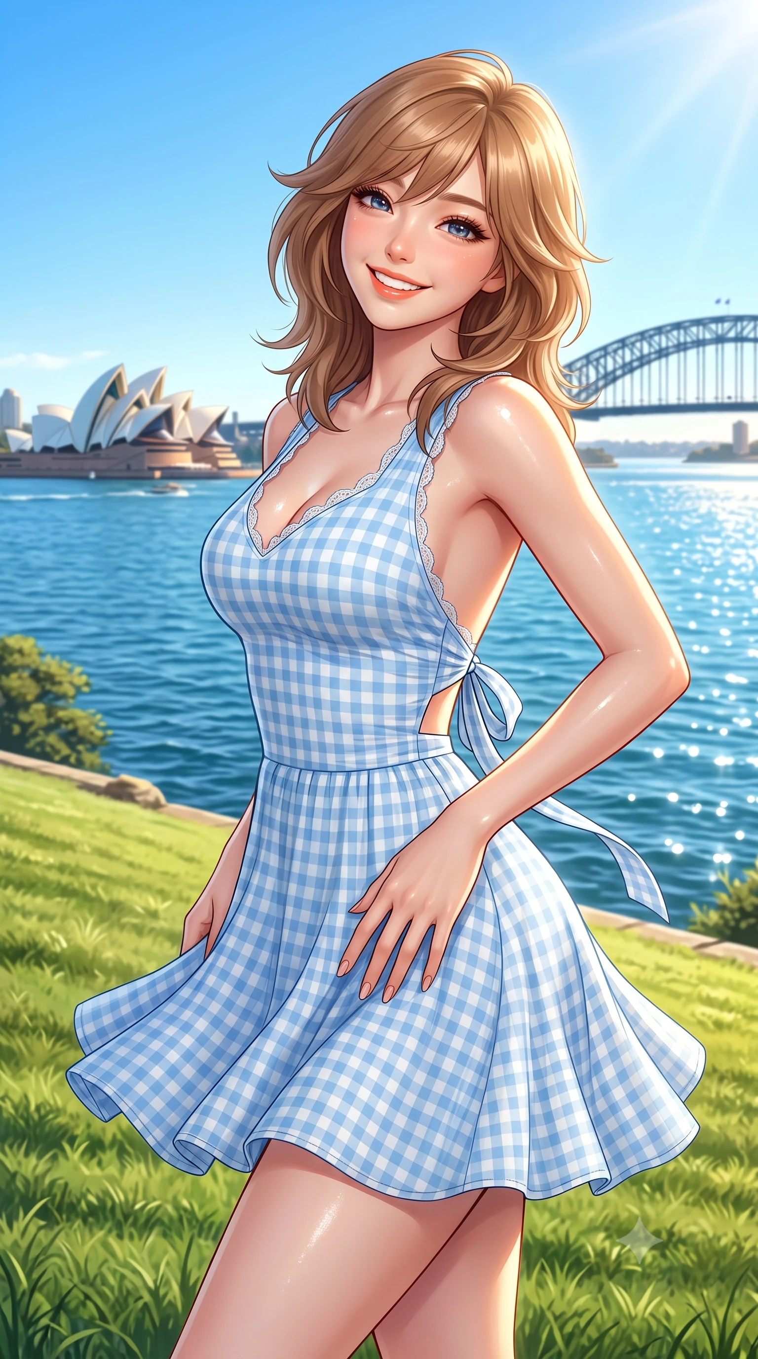score_9, masterpiece, best quality, ultra-detailed, high-budget anime keyframe, semi-realistic 3D game render, editorial fashion photography, tasteful artistic composition, Korean woman. close-up cowboy shot from the waist and thighs up, the character dominates the composition, filling the frame with her large presence. tilting her head with a cute beaming smile while arching her spine with effortless dancer poise, one hand sliding along her hip line in a flirtatious S-curve while standing on the sloping green lawn directly overlooking the sparkling blue harbour, arching her back with an infectious, sun-kissed smile. The surrounding environment is rendered in vivid detail and crisp panoramic clarity. detailed sporty chic outfit weave, glistening sun highlights on skin, and Sydney harbour clarity in high resolution. She has an exceptionally elegant, slender, and willowy female figure with an ultra-slim waist, flat toned midriff, narrow ribcage, and sculpted feminine hips creating an alluring, slim hourglass silhouette without bulk. sharp v-shaped jawline, high-bridge nose, intricate jewel-like sparkling eyes with depth, thick eyelashes, glossy parted lips with a natural peach sheen, bright cheerful beaming smile with an enchanting and coquettish sensual glint, exuding both youthful cute charm and seductive allure, flawlessly proportioned anatomical accuracy, strict slender model proportions, natural body alignment, perfectly sculpted long slender limbs, ultra-slim waistline, clean dynamic posture without body distortion. wearing a backless lace-up gingham sundress with a form-fitting bodice and hip-defining silhouette in soft baby blue and crisp cloud white, tailored from fine lightweight chiffon that flutters gently in the breeze, finished with delicate lace scallop edging along the neckline, the high-waisted tailoring accentuating her ultra-slim waistline and the enchanting curve of her feminine hips with alluring charm. bathed in brilliant Australian golden afternoon sunlight and radiant sapphire water bounce fill. highly saturated vibrant anime colors, detailed shading with soft gradients, rich glossy textures, high-contrast stereoscopic depth, volumetric dynamic lighting, master piece, 9:16 ratio
