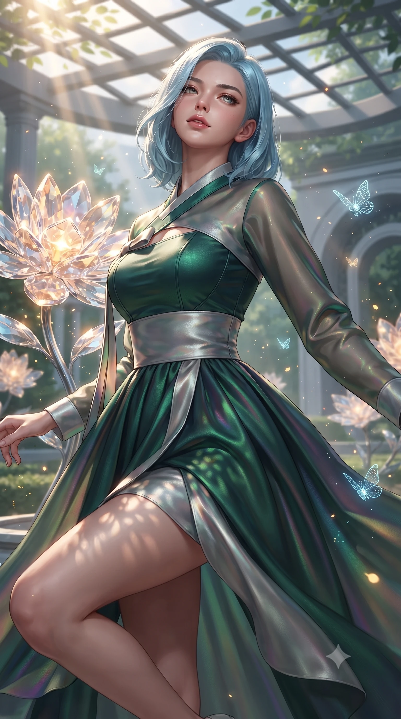 score_9, masterpiece, best quality, ultra-detailed, high-budget anime keyframe, editorial fashion photography, tasteful artistic composition, Korean woman. close-up cowboy shot from the waist and thighs up, the character dominates the composition, filling the frame with her large presence, background elements kept in soft focus. Tilting her chin up with an air of effortless superiority while balancing dynamically amidst the scene while pivoting dynamically near a solar-powered crystal blossom emitting warm ambient sunbursts, glowing pollen particles and binary code butterflies drifting around her form. She has an exceptionally elegant, slender, and willowy female figure with an ultra-slim waist, a gracefully sculpted slender torso, and a refined silhouette. sharp v-shaped jawline, high-bridge nose, intricate jewel-like eyes with depth, thick eyelashes, glossy lips with a natural sheen, flawlessly proportioned anatomical accuracy, natural body alignment, perfectly sculpted elegant limbs, clean dynamic posture without body distortion. wearing a modern fusion silk hanbok dress with a structured bodice and flowing skirt in deep emerald green and silver accent, crafted from iridescent chiffon that shifts colors in the light, accented with a Tasteful chest slit framing her clavicle gracefully, the tailored fabric tightly following every curve of her athletic build. illuminated by brilliant sunbeams casting organic leaf stencil shadows. ultra-reflective glossy finish, specular highlights, metallic sheen, high-contrast stereoscopic depth, volumetric dynamic lighting, 2k, ultra detail, master piece, 9:16 ratio