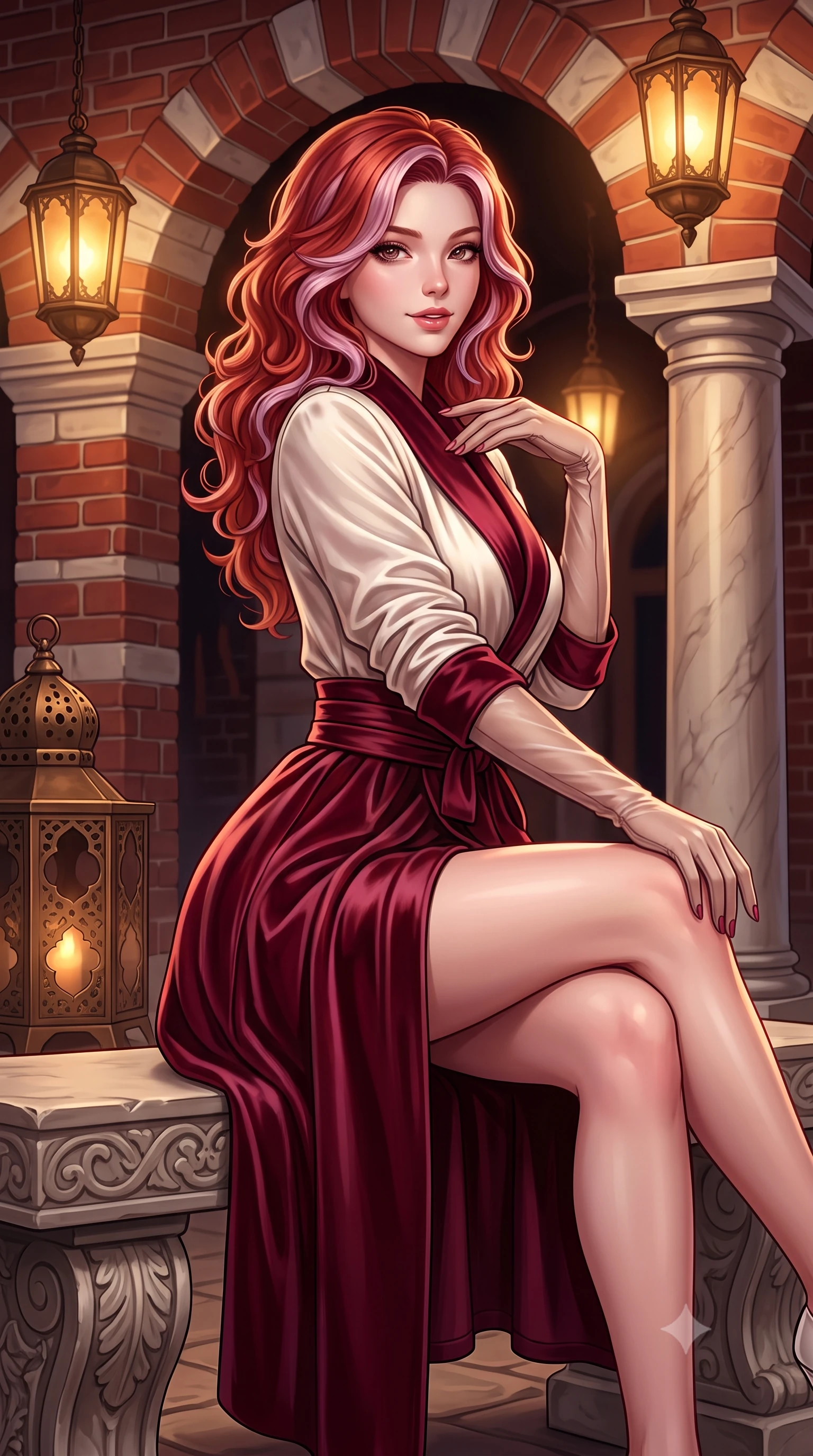 score_9, masterpiece, best quality, ultra-detailed, high-budget anime keyframe, semi-realistic 3D game render, editorial fashion photography, tasteful artistic composition, Caucasian woman. close-up cowboy shot from the waist and thighs up, the character dominates the composition, filling the frame with her large presence. posing in an alluring rear three-quarter angle, looking over a bare shoulder with parted glossy lips, her hips cocked back to highlight her slim hourglass curve while sitting gracefully on the carved stone bench with legs crossed, running one manicured hand slowly down her collarbone with magnetic allure. The surrounding environment is rendered in vivid detail and crisp panoramic clarity: sharp red brick and white stone alternating voussoirs, polished Roman marble pillar veining, and perforated bronze lamp metalwork in deep focus. She has an exceptionally elegant, slender, and willowy female figure with an ultra-slim waist, flat toned midriff, narrow ribcage, and sculpted feminine hips creating an alluring, slim hourglass silhouette without bulk. sharp v-shaped jawline, high-bridge nose, intricate jewel-like sparkling eyes with depth, thick eyelashes, glossy parted lips with a natural peach sheen, bright cheerful beaming smile with an enchanting and coquettish sensual glint, exuding both youthful cute charm and seductive allure, flawlessly proportioned anatomical accuracy, strict slender model proportions, natural body alignment, perfectly sculpted long slender limbs, ultra-slim waistline, clean dynamic posture without body distortion. wearing a bespoke Japanese minimalist silk kimono-collar structured trench coat with obi sash belt in Belvedere ivory pearl and Habsburg bordeaux wine, tailored from ultra-plush silk velvet with rich tactile depth and deep shadow gradients, complemented by sheer opera-length evening gloves tracing her slender arms, the impeccably tailored cut draping gracefully along her slender figure with aristocratic poise. bathed in the warm mystical 2300K amber glow of hanging bronze lantern lamps dimmed to an evening ceremony ambiance. highly saturated vibrant anime colors, detailed shading with soft gradients, rich glossy textures, high-contrast stereoscopic depth, volumetric dynamic lighting, master piece, 9:16 ratio