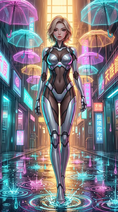 score_9, masterpiece, best quality, ultra-detailed, high-budget anime keyframe, Japanese woman. low angle full-body shot filling the entire 9:16 frame with her statuesque presence, stretching the vertical silhouette. navigating a wet neon-lit future 