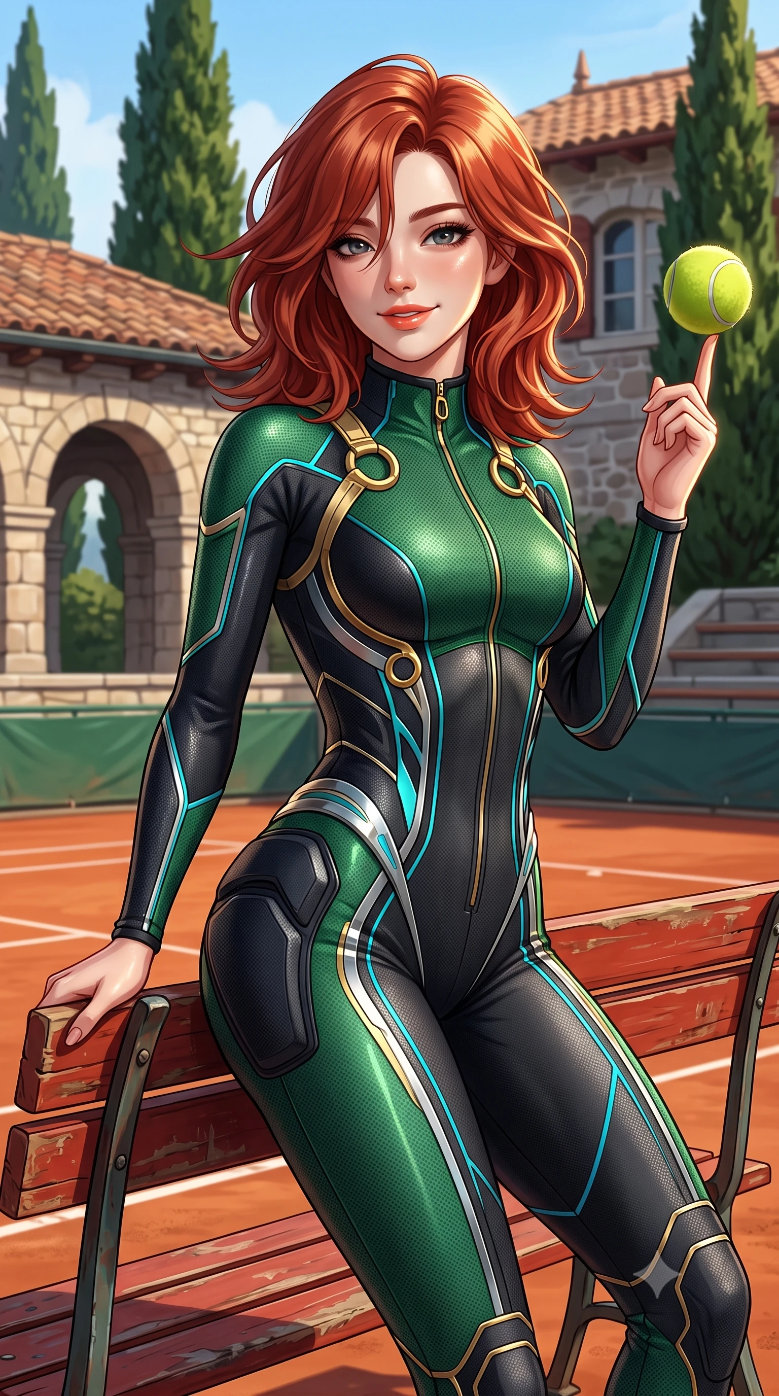 score_9, masterpiece, best quality, ultra-detailed, high-budget anime keyframe, semi-realistic 3D game render, editorial fashion photography, tasteful artistic composition, Korean woman. close-up cowboy shot from the waist and thighs up, the character dominates the composition, filling the frame with her large presence. playfully spinning a tennis ball on her fingertips, her radiant smile capturing fresh girlhood charm while her arched torso reveals an intoxicating hip contour while leaning against the red clay court bench with hips cocked back, looking into the lens with an enchanting, wind-swept tennis smile. The surrounding environment is rendered in vivid detail and crisp panoramic clarity: detailed piqué knit weave, sun-kissed skin sheen, and historic French Basque sports architecture in high resolution. She has an exceptionally elegant, slender, and willowy female figure with an ultra-slim waist, flat toned midriff, narrow ribcage, and sculpted feminine hips creating an alluring, slim hourglass silhouette without bulk. sharp v-shaped jawline, high-bridge nose, sparkling eyes with athletic focus and depth, thick curled eyelashes, glossy parted lips with a natural coral-peach sheen, bright confident and coquettish smile with alluring bedroom-eyes, exuding both youthful sporty vigor and sovereign high-society glamour, flawlessly proportioned anatomical accuracy, strict slender model proportions, natural body alignment, perfectly sculpted long slender limbs, ultra-slim waistline, clean dynamic posture without body distortion. wearing a high-performance speeder racing suit in matte black and Wimbledon green with gold hardware rings in metallic liquid silver and electric cyan, tailored from lightweight aerodynamic carbon-fiber composite with structured weave, accented with sleek aerodynamic carbon-fiber hip pads framing her narrow waist, the glove-like aerodynamic silhouette tightly following the natural contour of her hips and long slender legs with youthful 8.5-heads elegance. illuminated by ocean surf bounce fill and sharp warm-gold rim lights defining her razor-sharp jawline, narrow waist, and curvy hips. highly saturated vibrant anime colors, detailed shading with soft gradients, rich glossy textures, high-contrast stereoscopic depth, volumetric dynamic lighting, master piece, 9:16 ratio