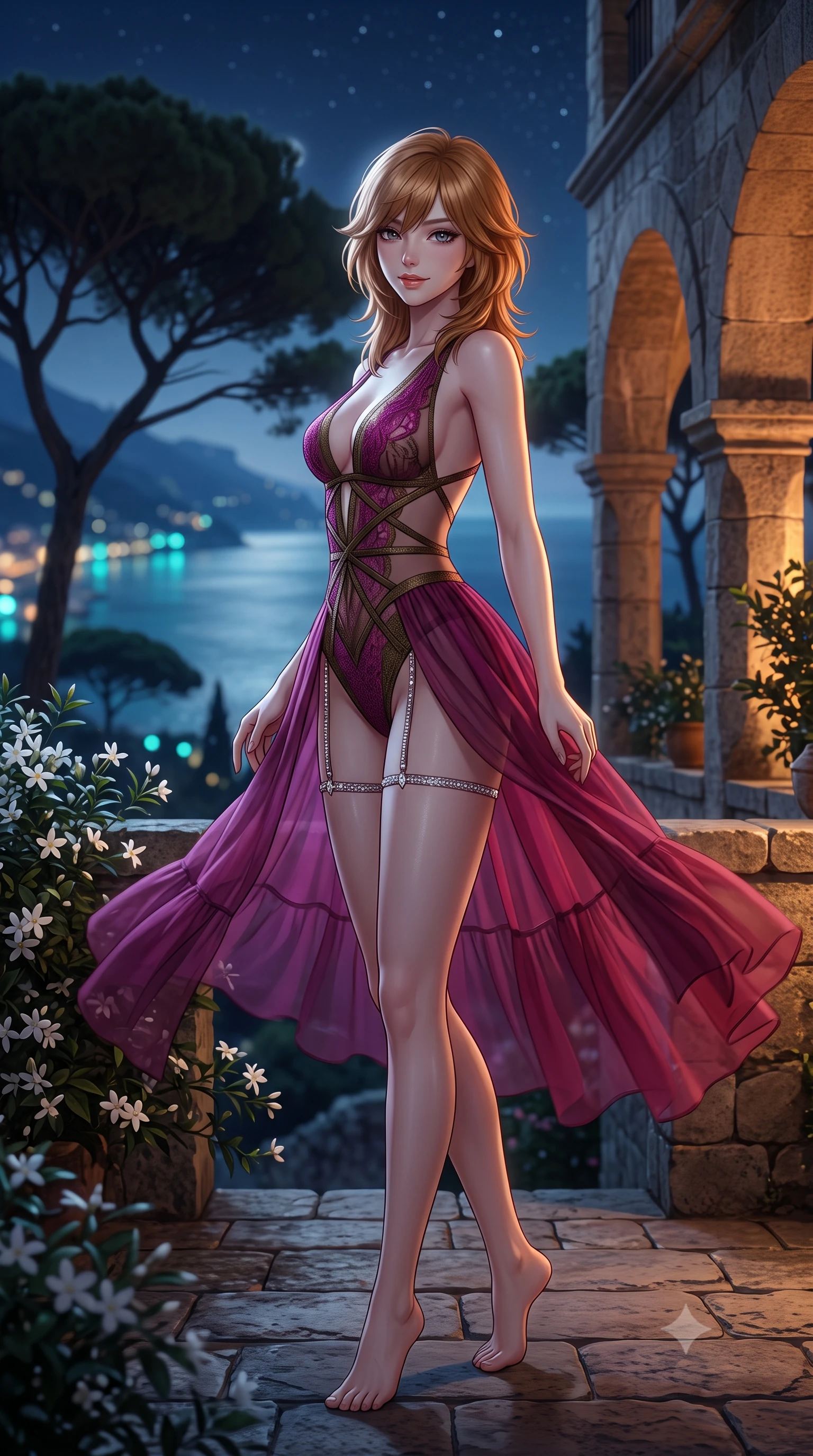 score_9, masterpiece, best quality, ultra-detailed, high-budget anime keyframe, semi-realistic 3D game render, editorial fashion photography, tasteful artistic composition, Korean woman. low angle full-body shot from head to toe showing her feet, filling the entire 9:16 vertical frame with her statuesque presence, stretching her vertical silhouette. executing a slow, graceful pivot turn as her skirt sways around her slender legs, glancing back with an enchanting, teasing sensual expression while twisting her slender torso in an alluring contrapposto stance beside blooming night-jasmine, starlight tracing her narrow waist and curvy hips. The background shows a soft-focus sweeping vista of the moonlit Gulf of Salerno, dramatic umbrella pine silhouettes, and distant lights of Amalfi fishing harbors blurred into turquoise, gold, and obsidian bokeh. She has an exceptionally tall and slender model-like 8.5-heads proportion, an ultra-slim waist, a flat toned midriff, narrow delicate ribcage, and beautifully sculpted feminine hips creating a graceful, slim hourglass silhouette without any bulky heaviness, with impossibly long slender legs. sharp v-shaped jawline, high-bridge nose, intricate jewel-like sparkling eyes with depth, thick eyelashes, glossy parted lips with a natural peach sheen, bright cheerful beaming smile with an enchanting and coquettish sensual glint, exuding both youthful cute charm and seductive allure, flawlessly proportioned anatomical accuracy, strict slender model proportions, natural body alignment, perfectly sculpted long slender limbs, ultra-slim waistline, clean dynamic posture without body distortion. wearing an ultra-daring sheer macramé lace bodysuit with deep plunge neckline and criss-cross strappy torso details in Ravello bougainvillea magenta and deep olive bronze, woven from stretch metallic lurex jersey casting radiant starlight glints across her curves, finished with delicate crystal-encrusted thigh garter straps glinting in the dim light, the form-contouring silhouette accentuating her sculpted flat midriff, narrow delicate ribcage, and gracefully curvy hips with intoxicating allure. bathed in cool silver moonlight balanced with warm 2600K amber uplights illuminating ancient stone arches. highly saturated vibrant anime colors, detailed shading with soft gradients, rich glossy textures, high-contrast stereoscopic depth, volumetric dynamic lighting, master piece, 9:16 ratio