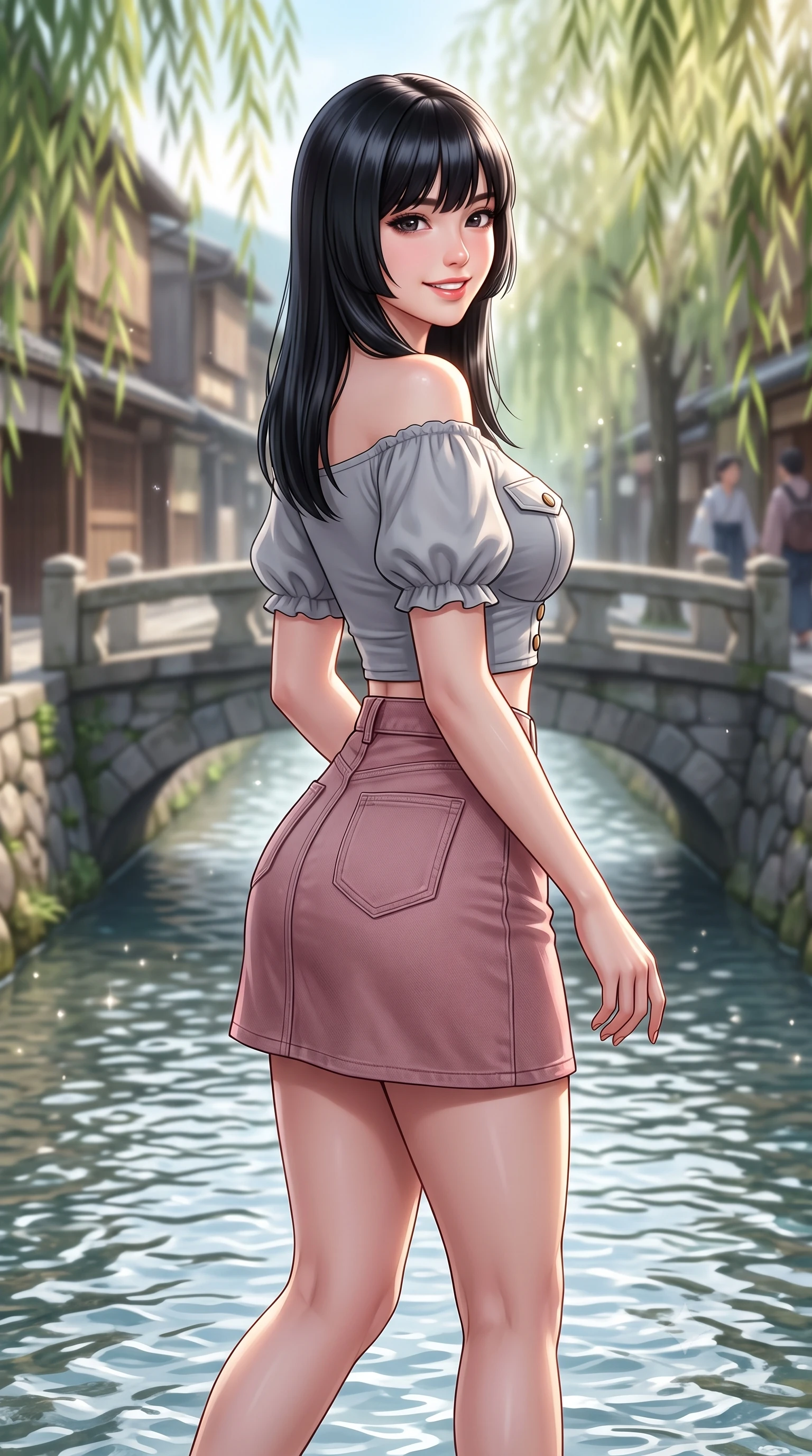score_9, masterpiece, best quality, ultra-detailed, high-budget anime keyframe, semi-realistic 3D game render, editorial fashion photography, tasteful artistic composition, Caucasian woman. close-up cowboy shot from the waist and thighs up, the character dominates the composition, filling the frame with her large presence. posing in an alluring rear three-quarter angle, turning over a bare shoulder with an intoxicating cute smile, her hips cocked back to highlight her slim hourglass curve while walking dynamically along the crystal-clear shallow canal, her form-hugging outfit accentuating her narrow waist and curvy hips in the gentle breeze. The composition keeps background elements in soft focus with dreamy creamy bokeh. rippling shallow canal waters and stone bridge arches softened in poetic Kyoto shallow focus. She has an exceptionally elegant, slender, and willowy female figure with an ultra-slim waist, flat toned midriff, narrow ribcage, and sculpted feminine hips creating an alluring, slim hourglass silhouette without bulk. sharp v-shaped jawline, high-bridge nose, intricate jewel-like sparkling eyes with depth, thick eyelashes, glossy parted lips with a natural peach sheen, bright cheerful beaming smile with an enchanting and coquettish sensual glint, exuding both youthful cute charm and seductive allure, flawlessly proportioned anatomical accuracy, strict slender model proportions, natural body alignment, perfectly sculpted long slender limbs, ultra-slim waistline, clean dynamic posture without body distortion. wearing an off-shoulder puff-sleeve crop blouse with a tight high-waisted denim A-line mini skirt emphasizing her curvy hips in dusty rose and soft dove grey, crafted from liquid-tight stretch jersey emphasizing every curve, finished with neat front wooden buttons and delicate pocket details, the high-waisted tailoring accentuating her ultra-slim waistline and the enchanting curve of her feminine hips with alluring charm. bathed in soft, sparkling morning sunbeams filtering through willow fronds onto the canal. highly saturated vibrant anime colors, detailed shading with soft gradients, rich glossy textures, high-contrast stereoscopic depth, volumetric dynamic lighting, master piece, 9:16 ratio