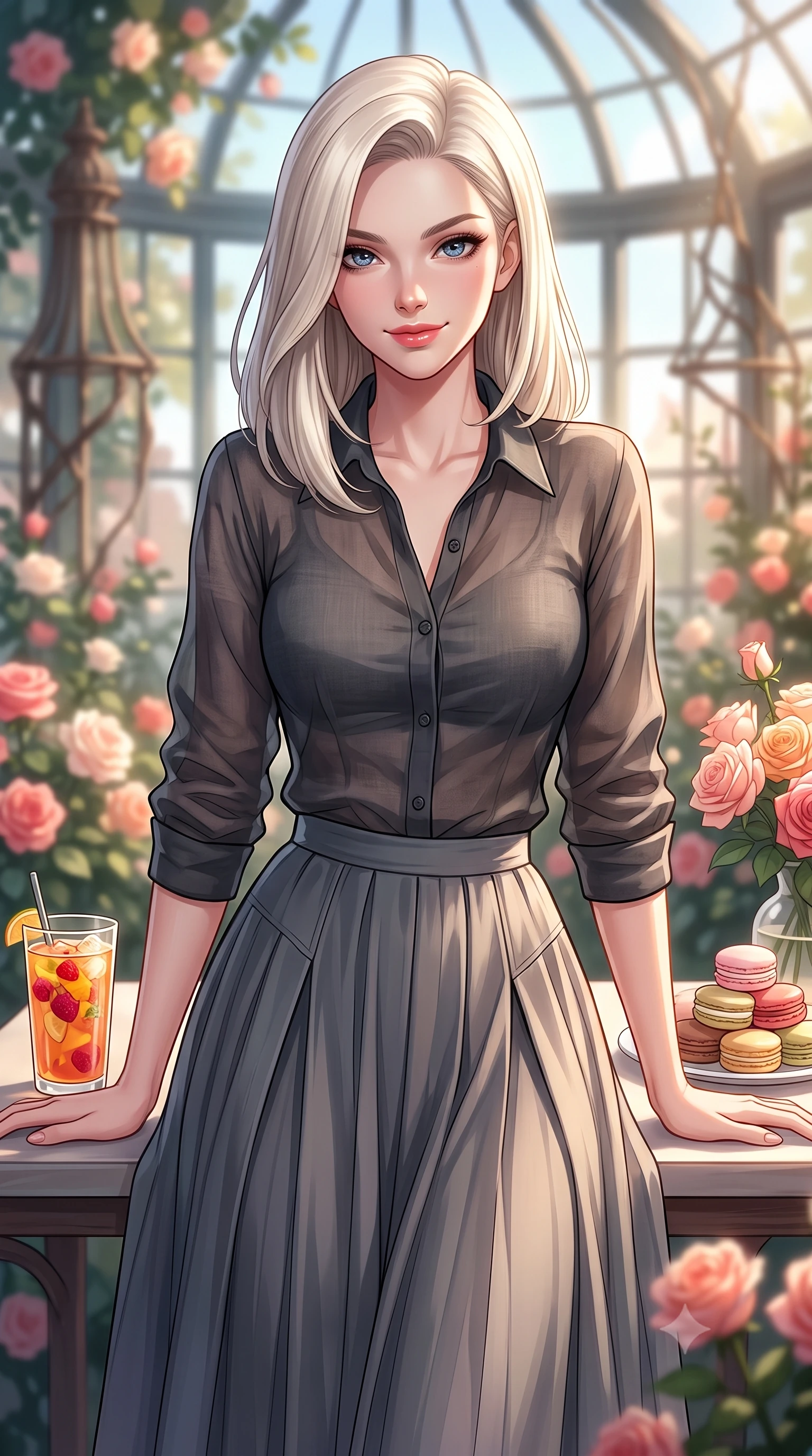 score_9, masterpiece, best quality, ultra-detailed, high-budget anime keyframe, editorial fashion photography, tasteful artistic composition, Caucasian woman. close-up cowboy shot from the waist and thighs up, the character dominates the composition, filling the frame with her large presence, background elements kept in soft focus. leaning slightly forward over the table with a playful, magnetic smile that locks direct eye contact set against a soft-focus background of inside an exclusive rose conservatory with a glass of iced fruit tea and delicate macaron pastries arranged on the table. She has an exceptionally elegant, slender, and willowy female figure with an ultra-slim waist, a gracefully sculpted slender torso, and a refined silhouette. sharp v-shaped jawline, high-bridge nose, intricate jewel-like eyes with depth, thick eyelashes, glossy lips with a natural sheen. wearing form-contouring charcoal sheer organza casual linen button-down shirt paired with a flowy pleated midi skirt featuring refined tailored seams. accented by a single dramatic key light highlighting her statuesque posture and slim waist. highly saturated vibrant anime colors, detailed shading with soft gradients, rich glossy textures, high-contrast stereoscopic depth, volumetric dynamic lighting, master piece, 9:16 ratio