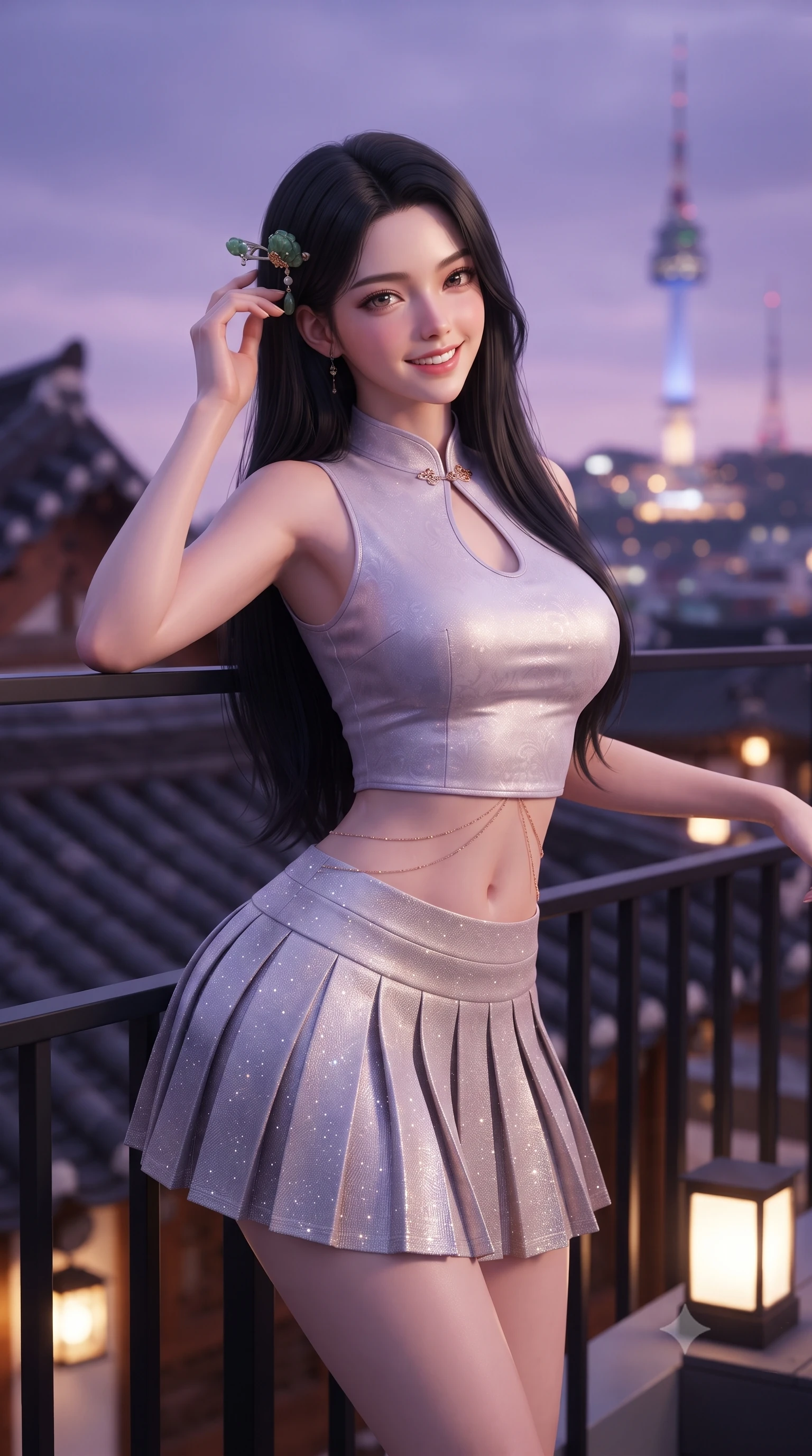 score_9, masterpiece, best quality, ultra-detailed, high-budget anime keyframe, editorial fashion photography, tasteful artistic composition, Korean woman. close-up cowboy shot from the waist and thighs up, the character dominates the composition, filling the frame with her large presence. tilting her head with an alluring smile while arching her spine with dancer poise, one hand touching her ornate jade hairpin in a flirtatious S-curve while leaning against the minimalist black steel balustrade with hips cocked back, casting an intoxicating bedroom-gaze over the illuminated Seoul metropolis. The background shows a soft-focus layers of traditional curved clay-tiled hanok eaves and the illuminated Seoul N Tower against twilight purple sky blurred into violet, amber, and slate bokeh. She has an exceptionally elegant, slender, and willowy female figure with an ultra-slim waist, flat toned midriff, narrow ribcage, and sculpted feminine hips creating an alluring, slim hourglass silhouette without bulk. sharp v-shaped jawline, high-bridge nose, intricate jewel-like dark sparkling almond eyes with depth, thick lashes, glossy parted lips with a natural rose-plum sheen, bright alluring and coquettish smile with bedroom-eyes, exuding both timeless oriental elegance and sovereign high-fashion allure, flawlessly proportioned anatomical accuracy, strict slender model proportions, natural body alignment, perfectly sculpted long slender limbs, ultra-slim waistline, clean dynamic posture without body distortion. wearing a sleeveless modern qipao top with an elegant teardrop chest keyhole cutout paired with a curve-hugging pleated mini skirt in frosted lilac mist and pearlescent alabaster, woven from metallic gold and silver thread casting subtle starlight glints, accented with a delicate gold body chain draping loosely across her flat midriff, the liquid-tight tailored silk fabric clinging flawlessly to her narrow waist and rounded feminine hips, emphasizing every millimeter of her sculpted slim hourglass curves without any bulky heaviness. bathed in glowing violet and rose-gold twilight sky radiance contrasting with warm rooftop lanterns. ultra-reflective glossy finish, specular highlights, rich textural contrasts, high-contrast stereoscopic depth, volumetric dynamic lighting, 2k, ultra detail, master piece, 9:16 ratio