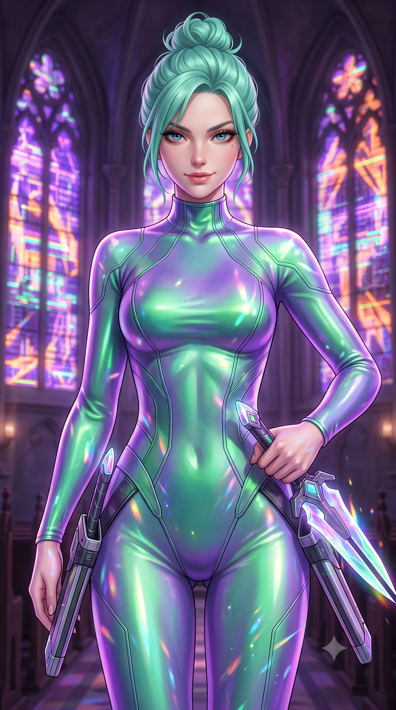 score_9, masterpiece, best quality, ultra-detailed, high-budget anime keyframe, editorial fashion photography, tasteful artistic composition, Japanese woman. close-up cowboy shot from the waist and thighs up, the character dominates the composition, filling the frame with her large presence, background elements kept in soft focus. Drawing a twin set of energy daggers with a quiet, menacing smile and a sharp sidelong glare. set against a soft-focus background of a gothic church transformed into a tech-gang hideout, with holograms replacing stained glass windows. She has an exceptionally elegant and slender, willowy female figure with an ultra-slim waist, a gracefully sculpted slender torso, and a refined slim physique. sharp v-shaped jawline, high-bridge nose, intricate jewel-like eyes with depth, thick eyelashes, glossy lips with a natural sheen. wearing catching and diffusing the glowing particles, shimmering softly in response to the surrounding light, a slim-fit form-fitting holographic jumpsuit in shifting green and violet, featuring a high mock neck and aerodynamic panels. highly saturated vibrant anime colors, intense vivid color palette, soft 3D volumetric shading, volumetric dynamic lighting, prismatic light from the glitching holographic windows painting her skin in violet and orange. 2k, ultra detail, master piece, 9:16 ratio