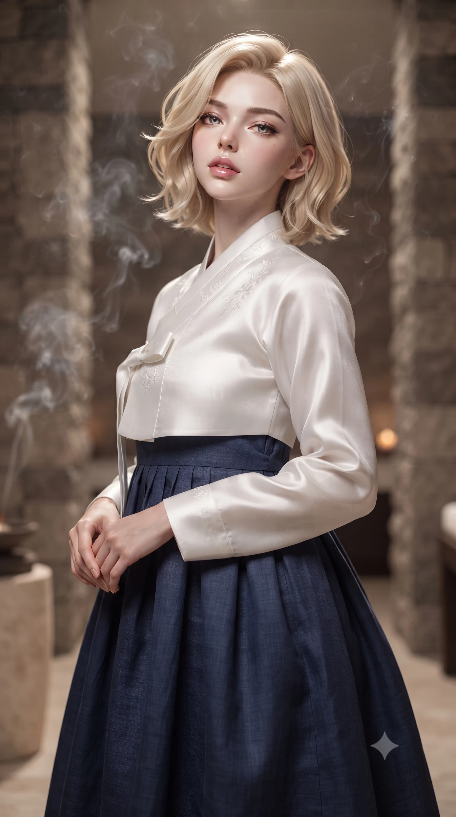 score_9, masterpiece, best quality, ultra-detailed, high-budget anime keyframe, editorial fashion photography, tasteful artistic composition, Caucasian woman. close-up cowboy shot from the waist and thighs up, the character dominates the composition, filling the frame with her large presence, background elements kept in soft focus. tilting her chin up slightly with lips parted in a composed, provocative expression the background shows a soft-focus a high-end spa suite room with stone pillars and soft incense smoke rising. She has an exceptionally elegant, slender, and willowy female figure with an ultra-slim waist, a gracefully sculpted slender torso, and a refined silhouette. sharp v-shaped jawline, high-bridge nose, intricate jewel-like eyes with depth, thick eyelashes, glossy lips with a natural sheen. wearing a tailored modern fusion hanbok dress with a navy blue linen skirt and a high-neck white silk jeogori wrapper. low-contrast, soft warm ambient uplight casting a peaceful glow. ultra-reflective glossy finish, specular highlights, metallic sheen, high-contrast stereoscopic depth, volumetric dynamic lighting, 2k, ultra detail, master piece, 9:16 ratio
