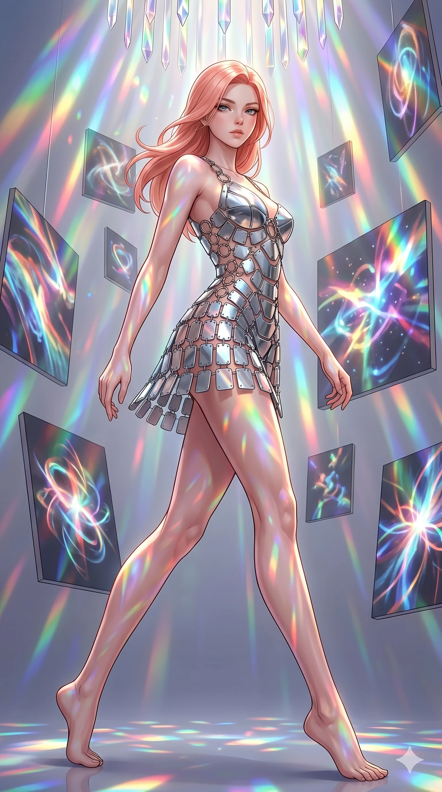 score_9, masterpiece, best quality, ultra-detailed, high-budget anime keyframe, editorial fashion photography, tasteful artistic composition, Japanese woman. low angle full-body shot from head to toe showing her feet, filling the entire 9:16 vertical frame with her statuesque presence, stretching her vertical silhouette. Executing a dynamic turning step with one leg extended behind inside an artist's studio filled with floating canvases showing moving abstract light painting. She has an absolutely perfect 8-heads proportion, an exceptionally tall and slender female figure with impossibly long slender legs and an ultra-slim waist. V-shaped jawline, high-bridge nose, intricate jewel-like eyes with depth, thick eyelashes, glossy lips with a natural sheen. wearing a mini dress made of interconnected silver-chrome plates and small metal rings, forming a structured geometric silhouette. illuminated by cascading rainbow prismatic light refracting through crystal overhead and casting patterns on her skin. 2k, ultra detail, master piece, 9:16 ratio