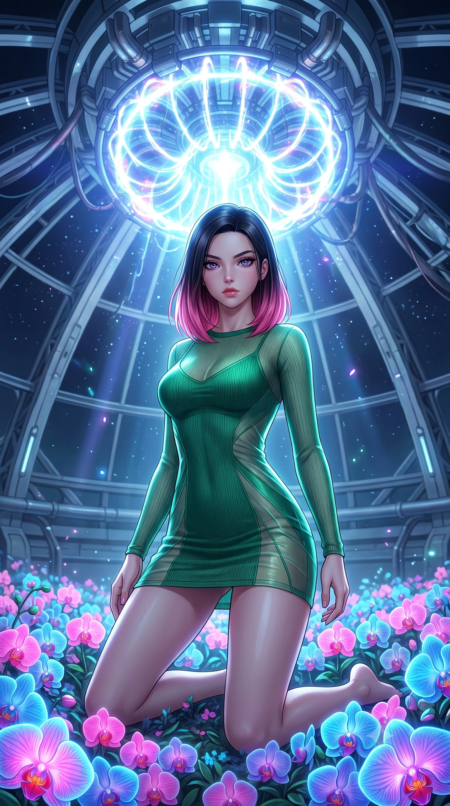 score_9, masterpiece, best quality, ultra-detailed, High-budget Anime Keyframe, East Asian woman. Low angle cowboy shot filling the entire 9:16 frame with her statuesque presence. Scenario 434: kneeling on a soft bed of glowing neon orchids under a secret bio-dome containing a giant glowing fusion reactor. Her presence is magnetic and overpowering in this high-budget anime scene. Outfit 434: a body-hugging emerald green bodycon knit mini dress featuring layered translucent panels over a sleek slip dress. The clothing is designed to emphasize her exceptionally tall and slender 8-heads proportion. 8-heads proportion, towering silhouette, ultra-slim waist. sharp v-shaped jawline, intricate jewel-like eyes with depth, thick eyelashes, glossy lips. 2k, ultra detail, master piece, 9:16 ratio