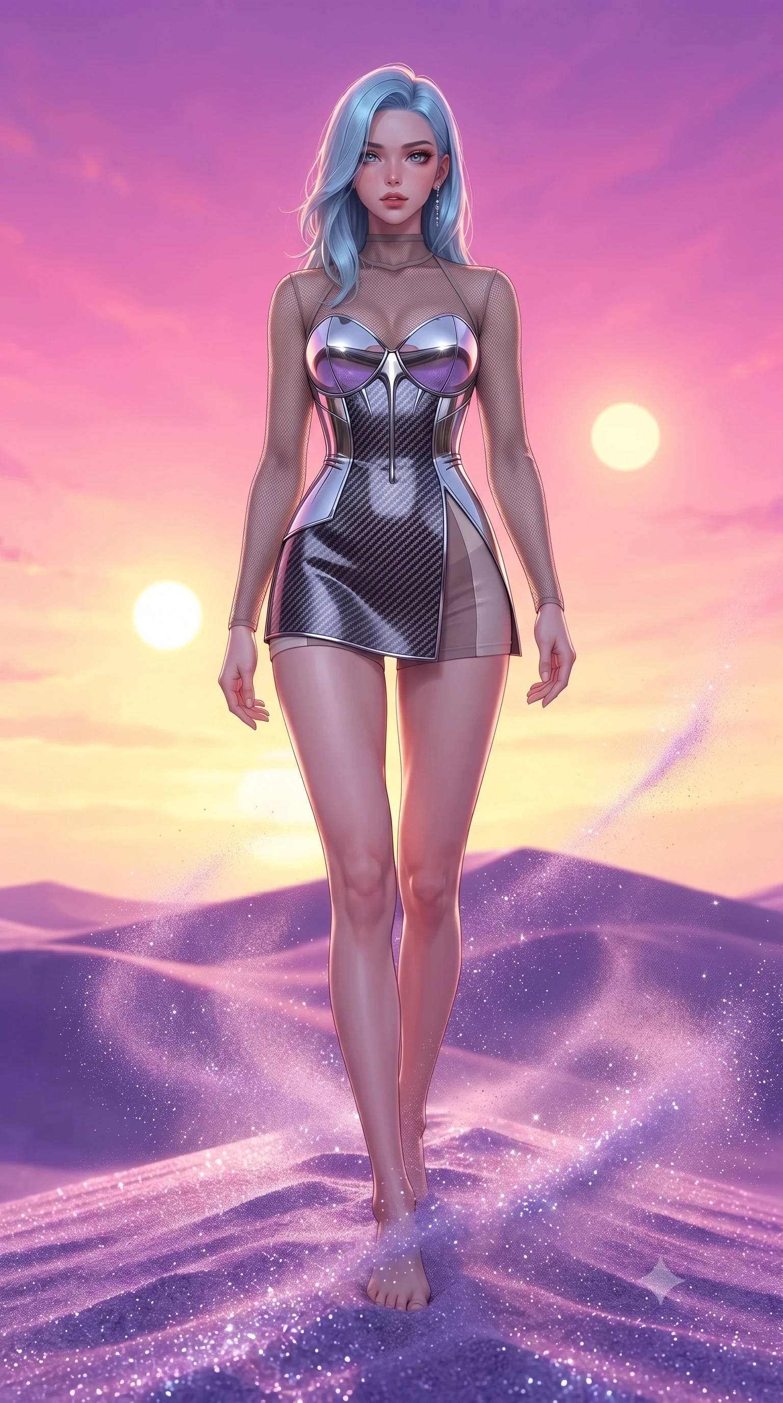 score_9, masterpiece, best quality, ultra-detailed, high-budget anime keyframe, editorial fashion photography, tasteful artistic composition, Korean woman. low angle full-body shot from head to toe showing her feet, filling the entire 9:16 vertical frame with her statuesque presence, stretching her vertical silhouette. stepping forward with proud posture, filling the vertical frame with her magnetic presence standing on a high dune of violet crystal sand under a twin sun sunset, swirling gusts of fine purple crystal sand shimmering like diamond dust. She has an absolutely perfect, statuesque 8.5-heads proportion, an exceptionally tall and slender model-like female figure with impossibly long slender legs and an ultra-slim waist. sharp v-shaped jawline, high-bridge nose, intricate jewel-like eyes with depth, thick eyelashes, glossy lips with a natural sheen. wearing a chrome-plated structured bodice worn over a sheer mesh top and micro-shorts in muted taupe and soft ivory, made of fine carbon-fiber weave and soft matte leather, finished with a sleek side slit ascending to mid-thigh, the glove-like fit emphasizing her statuesque silhouette. bathed in radiant magenta and gold sky glow with sharp mineral speculars. highly saturated vibrant anime colors, detailed shading with soft gradients, rich glossy textures, high-contrast stereoscopic depth, volumetric dynamic lighting, master piece, 9:16 ratio