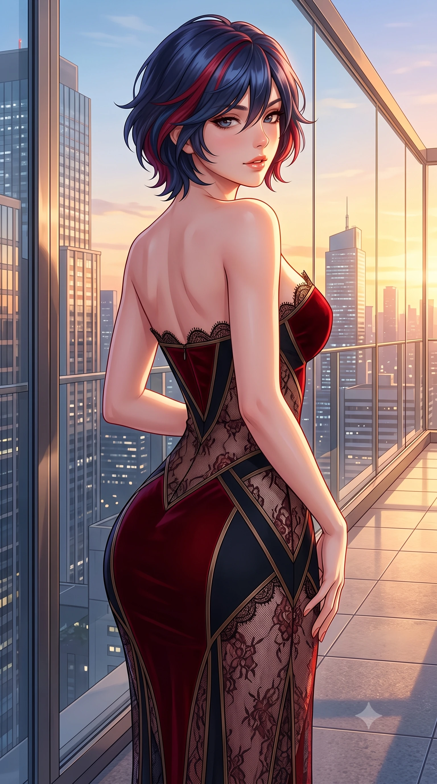 score_9, masterpiece, best quality, ultra-detailed, high-budget anime keyframe, semi-realistic 3D game render, editorial fashion photography, tasteful artistic composition, Korean woman. close-up cowboy shot from the waist and thighs up, the character dominates the composition, filling the frame with her large presence. posing in an alluring rear three-quarter angle, looking over a bare shoulder with parted glossy lips, her hips cocked back to highlight her slim hourglass curve while leaning against the glass perimeter wall with hips cocked back, looking over a bare shoulder toward glittering modernist high-rises. The surrounding environment is rendered in vivid detail and crisp panoramic clarity: detailed backless halterneck column dress cling, sunset skin highlights, and high-end museum terrace engineering in high resolution. She has an exceptionally elegant, slender, and willowy female figure with an ultra-slim waist, flat toned midriff, narrow ribcage, and sculpted feminine hips creating an alluring, slim hourglass silhouette without bulk. sharp v-shaped jawline, high-bridge nose, sparkling eyes with hypnotic seductive depth, thick curled eyelashes, glossy parted lips with a natural dewy peach sheen, alluring bedroom-eyes with an enchanting coquettish smile, exuding magnetic siren charisma and sophisticated glamour, flawlessly proportioned anatomical accuracy, strict slender model proportions, natural body alignment, perfectly sculpted long slender limbs, ultra-slim waistline, clean dynamic posture without body distortion. wearing a provocative sheer illusion mesh column gown with opaque geometric panels strategically hugging her curves in deep blood-red velvet and midnight obsidian black with antique bronze trims, made of delicate semi-sheer French Chantilly lace with intricate eyelash edges, finished with scalloped eyelash lace trim framing her sweetheart neckline with intimate elegance, the liquid-tight tailored fabric clinging flawlessly to her narrow waist and rounded feminine hips, emphasizing every millimeter of her sculpted slim hourglass curves without any bulky heaviness. bathed in radiant golden hour sunset illumination washing horizontally across the rooftop terrace. highly saturated vibrant anime colors, detailed shading with soft gradients, rich glossy textures, high-contrast stereoscopic depth, volumetric dynamic lighting, master piece, 9:16 ratio