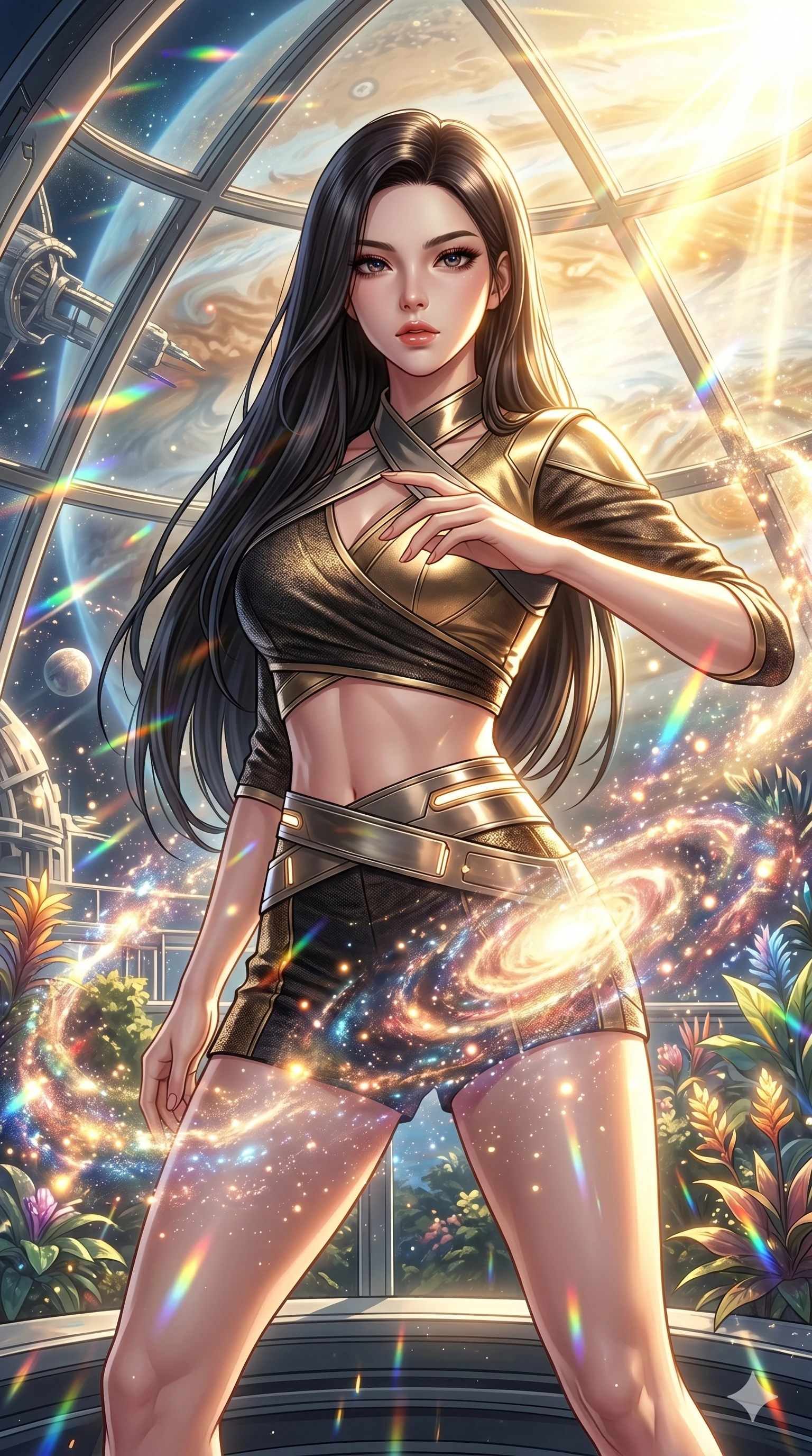 score_9, masterpiece, best quality, ultra-detailed, high-budget anime keyframe, Korean woman. Upper body close-up from the thighs up, character filling the screen for maximum presence. She is posing with dynamic energy as glowing cosmic stardust and floating nebulae swirl around her inside a sunlit orbital conservatory. She looks toward the camera with a captivating, intense gaze. She has an absolutely perfect 8-heads proportion, a tall and elegant figure with a refined silhouette and a defined waistline. V-shaped jawline, high-bridge nose, intricate jewel-like eyes with depth, thick eyelashes, glossy lips with a natural sheen. She is wearing a cropped cyber-fusion wrap top with delicate textured panels, a geometric crossover collar, and a high-waisted metallic sash highlighting her defined waistline. The scene is bathed in brilliant, high-contrast golden solar rays and refracting rainbow lens flares. 2k, ultra detail, master piece, 9:16 ratio