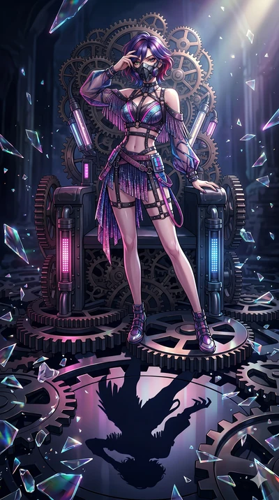 score_9, masterpiece, best quality, ultra-detailed, Set A: High-budget Anime Keyframe, Japanese woman. Low angle cowboy shot filling the entire 9:16 frame with her statuesque presence. Adjusting a mask through a throne of gears, while her shadow mimi