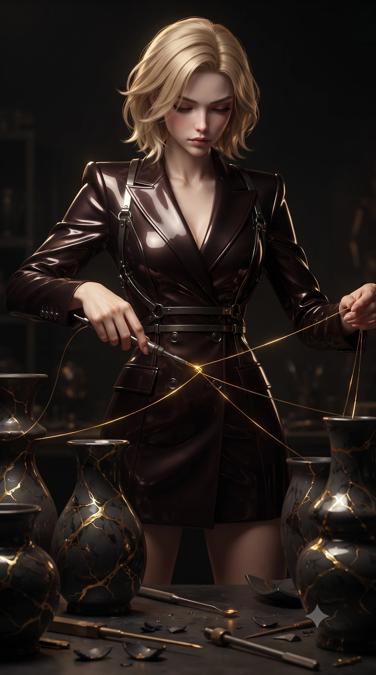 score_9, masterpiece, best quality, ultra-detailed, high-budget anime keyframe, editorial fashion photography, tasteful artistic composition, Caucasian woman. close-up cowboy shot from the waist and thighs up, the character dominates the composition, filling the frame with her large presence, background elements kept in soft focus. Looking down with lowered lashes and a composed, powerful dark aura, threading molten gold threads through dark Bisque porcelain sculptures, high-contrast dark ceramic textures reflecting bright metallic gold veins. She has an exceptionally elegant, slender, and willowy female figure with an ultra-slim waist, a gracefully sculpted slender torso, and a refined silhouette. sharp v-shaped jawline, high-bridge nose, intricate jewel-like eyes with depth, thick eyelashes, glossy lips with a natural sheen. wearing tailored double-breasted obsidian blazer dress in dark mahogany, made of sculpted obsidian metallic chrome, highlighted by a gunmetal metallic harness structure, following her slender form with tailored precision. lit by sharp golden key light emerging from deep obsidian workshop shadows. ultra-reflective glossy finish, specular highlights, metallic sheen, high-contrast stereoscopic depth, volumetric dynamic lighting, 2k, ultra detail, master piece, 9:16 ratio