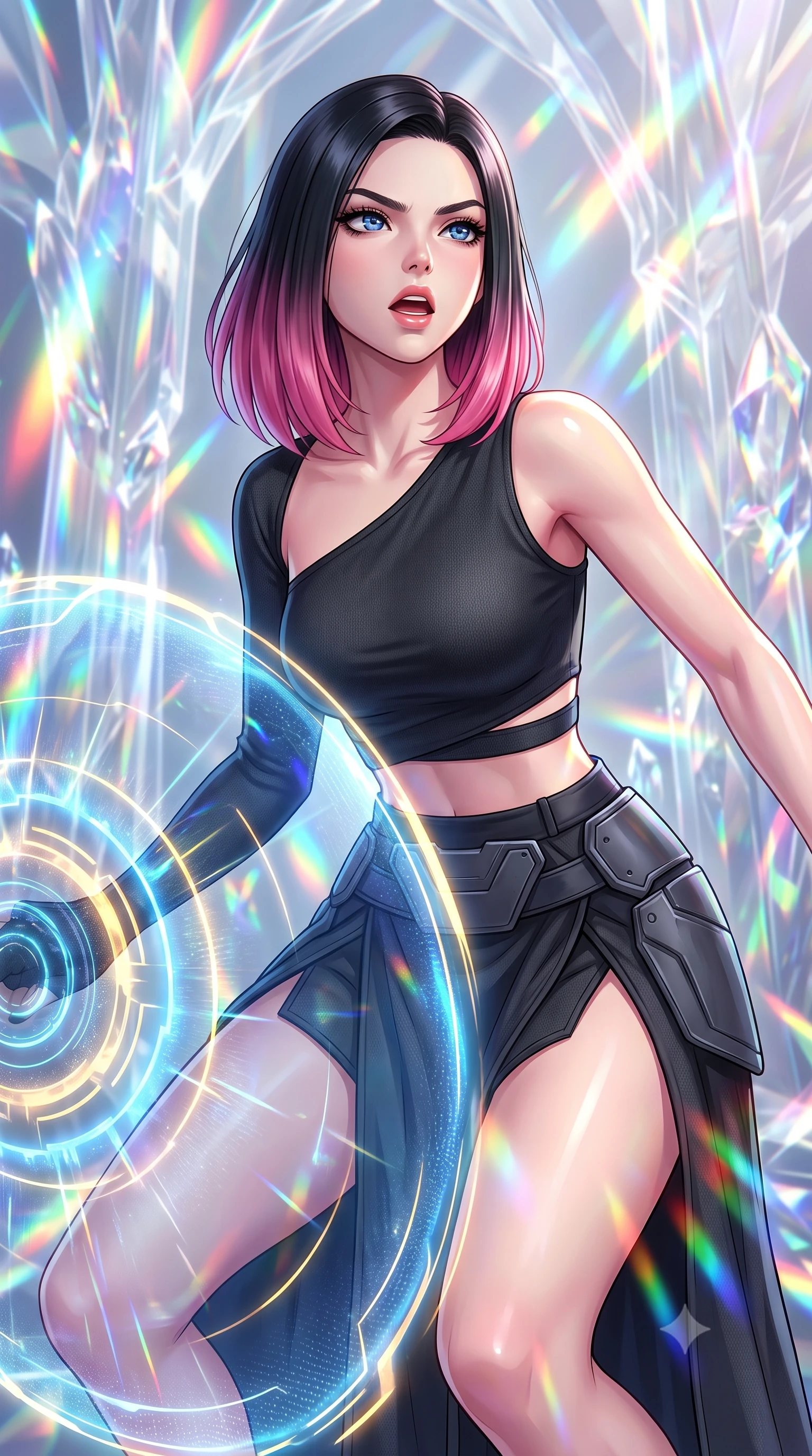 score_9, masterpiece, best quality, ultra-detailed, high-budget anime keyframe, editorial fashion photography, tasteful artistic composition, Korean woman. close-up cowboy shot from the waist and thighs up, the character dominates the composition, filling the frame with her large presence, background elements kept in soft focus. crouching slightly behind a glowing holographic shield emitter, looking up with defiance and lips slightly parted, the background shows a soft-focus a cathedral made of stilled light waves, frozen in time and space. She has an exceptionally elegant, slender, and willowy female figure with an ultra-slim waist, a gracefully sculpted slender torso, and a refined silhouette. sharp v-shaped jawline, high-bridge nose, intricate jewel-like eyes with depth, thick eyelashes, glossy lips with a natural sheen. wearing a slim-fit asymmetric one-shoulder crop top in carbon knit, paired with a high-slit combat skirt. dazzling rainbow prismatic light refracting through stilled light crystals. highly saturated vibrant anime colors, detailed shading with soft gradients, rich glossy textures, high-contrast stereoscopic depth, volumetric dynamic lighting, master piece, 9:16 ratio
