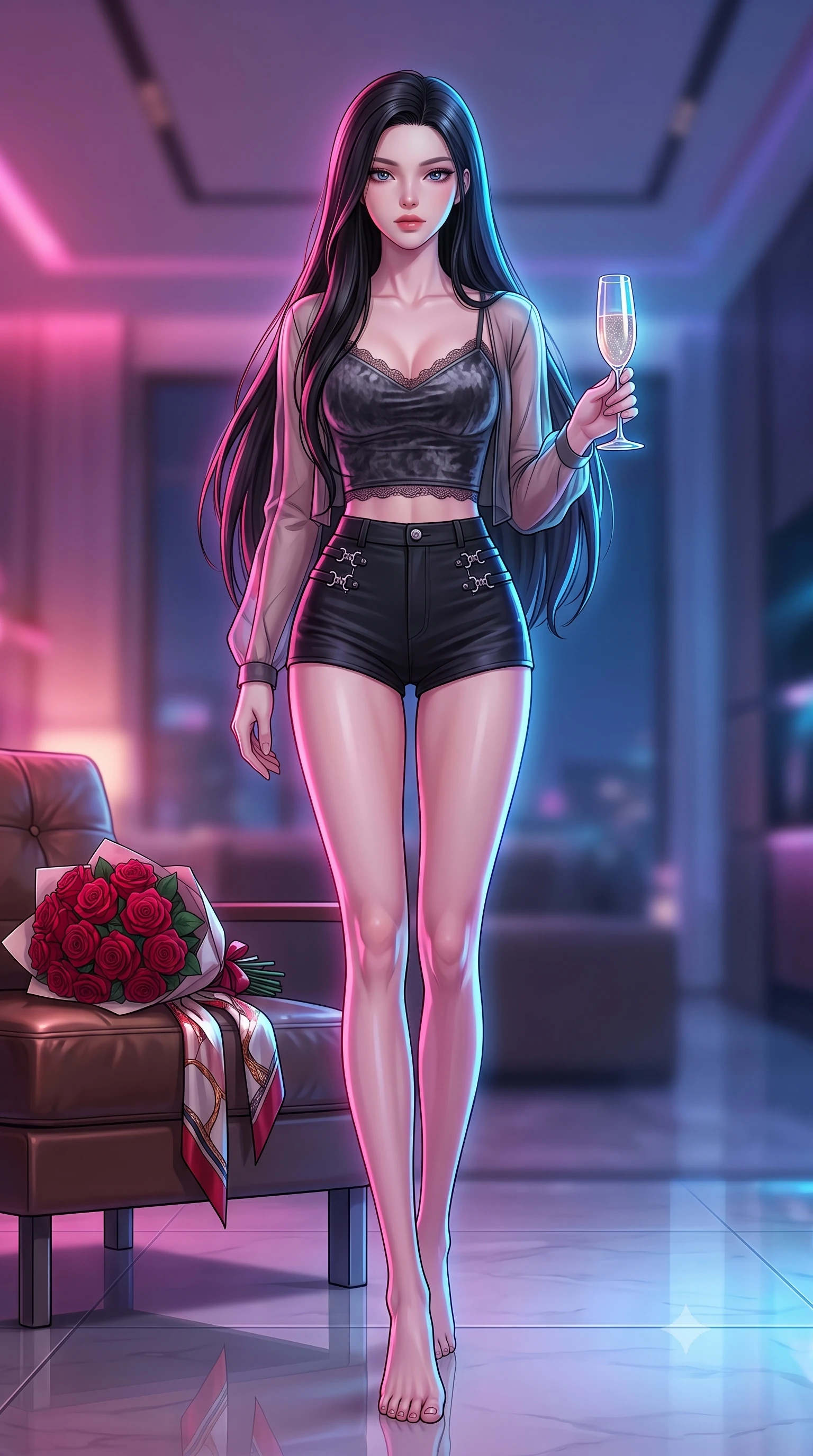 score_9, masterpiece, best quality, ultra-detailed, high-budget anime keyframe, editorial fashion photography, tasteful artistic composition, Korean woman. low angle full-body shot from head to toe showing her feet, filling the entire 9:16 vertical frame with her statuesque presence, stretching her vertical silhouette. stepping gracefully across the floor, her statuesque posture highlighting her slender waist while holding a crystal champagne glass set against a soft-focus background of inside an exclusive penthouse suite with a bouquet of crimson roses and a silk scarf resting on the leather seat. She has an absolutely perfect, statuesque 8.5-heads proportion, an exceptionally tall and slender model-like female figure with impossibly long slender legs and an ultra-slim waist. sharp v-shaped jawline, high-bridge nose, intricate jewel-like eyes with depth, thick eyelashes, glossy lips with a natural sheen. wearing slim-fit charcoal crushed velvet delicate lace-trim crop top worn under a sheer organza cardigan with high-waist micro-shorts accented with delicate silver hardware. drenched in dramatic neon rim-lighting that traces the sleek contours of her figure. highly saturated vibrant anime colors, detailed shading with soft gradients, rich glossy textures, high-contrast stereoscopic depth, volumetric dynamic lighting, master piece, 9:16 ratio