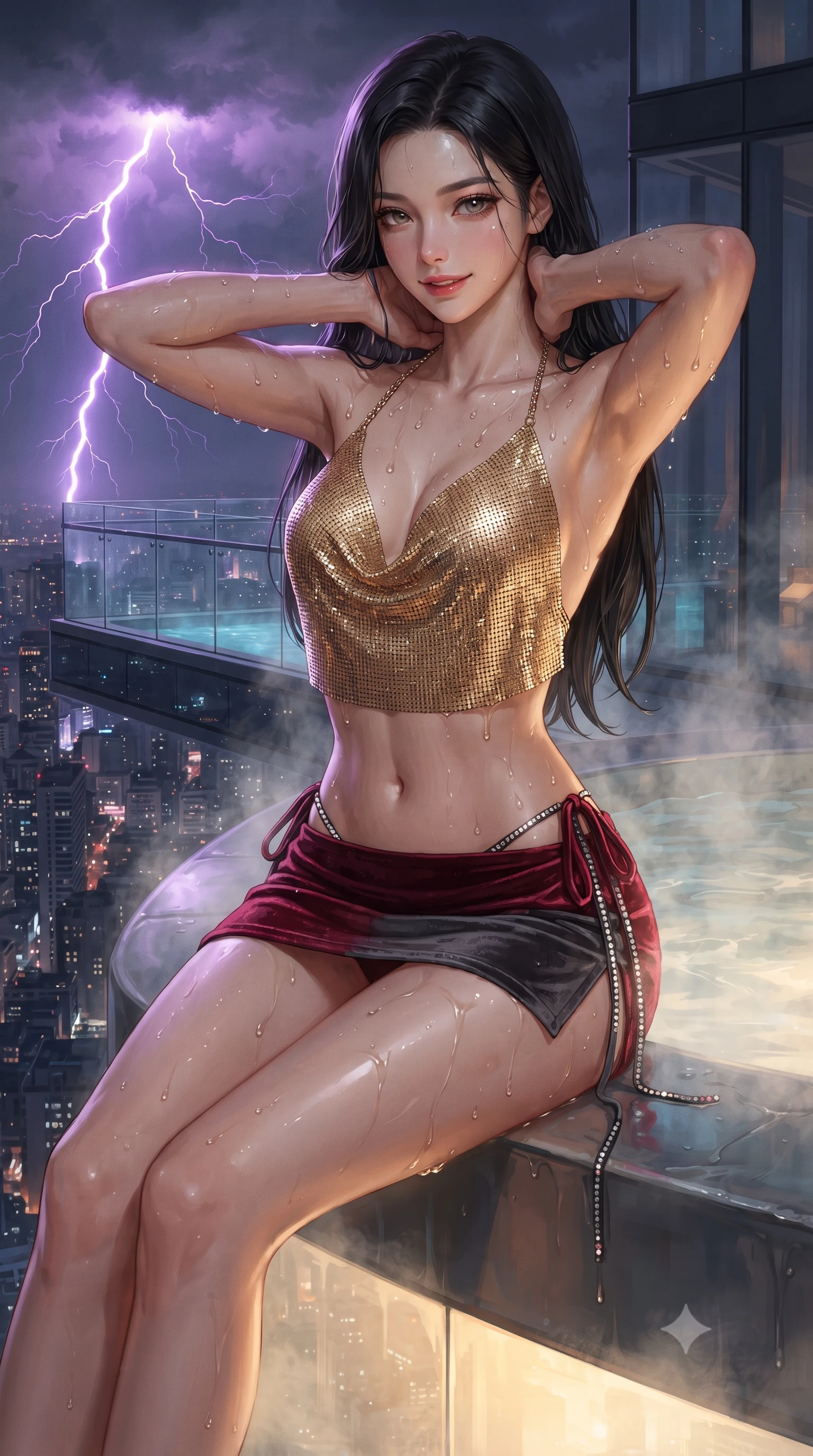 score_9, masterpiece, best quality, ultra-detailed, high-budget anime keyframe, editorial fashion photography, tasteful artistic composition, Korean woman. close-up cowboy shot from the waist and thighs up, the character dominates the composition, filling the frame with her large presence. resting both hands lightly behind her neck with elbows raised, arching her spine to highlight her narrow waist, flat midriff, and breathtaking collarbones while sitting in the steaming open-air glass jacuzzi cantilevered eighty-five floors up, arching her back with breathtaking wet-look siren grace. The surrounding environment is rendered in vivid detail and crisp panoramic clarity: detailed wet-look high-cut monokini cling, dewy water droplets on skin, and extreme cantilever engineering in high resolution. She has an exceptionally elegant, slender, and willowy female figure with an ultra-slim waist, flat toned midriff, narrow ribcage, and sculpted feminine hips creating an alluring, slim hourglass silhouette without bulk. sharp v-shaped jawline, high-bridge nose, sparkling eyes with hypnotic seductive depth, thick curled eyelashes, glossy parted lips with a natural dewy peach sheen, alluring bedroom-eyes with an enchanting coquettish smile, exuding magnetic siren charisma and sophisticated glamour, flawlessly proportioned anatomical accuracy, strict slender model proportions, natural body alignment, perfectly sculpted long slender limbs, ultra-slim waistline, clean dynamic posture without body distortion. wearing a liquid gold chainmail cowl halter top paired with an ultra-low-rise velvet mini skirt and side rhinestone ties in rich cherry lacquer and smoky charcoal, made of semi-opaque stretch illusion mesh with soft shadowy contours, finished with glistening drops of pool water beading across her sculpted shoulders and collarbones, the second-skin tailored fabric adhering flawlessly to her sculpted flat midriff and slender torso, emphasizing her long leg lines and perfectly proportioned willowy build. bathed in warm 3200K underwater tub illumination paired with sudden electric purple lightning flashes from passing clouds. ultra-reflective glossy finish, specular highlights, rich textural contrasts, high-contrast stereoscopic depth, volumetric dynamic lighting, 2k, ultra detail, master piece, 9:16 ratio