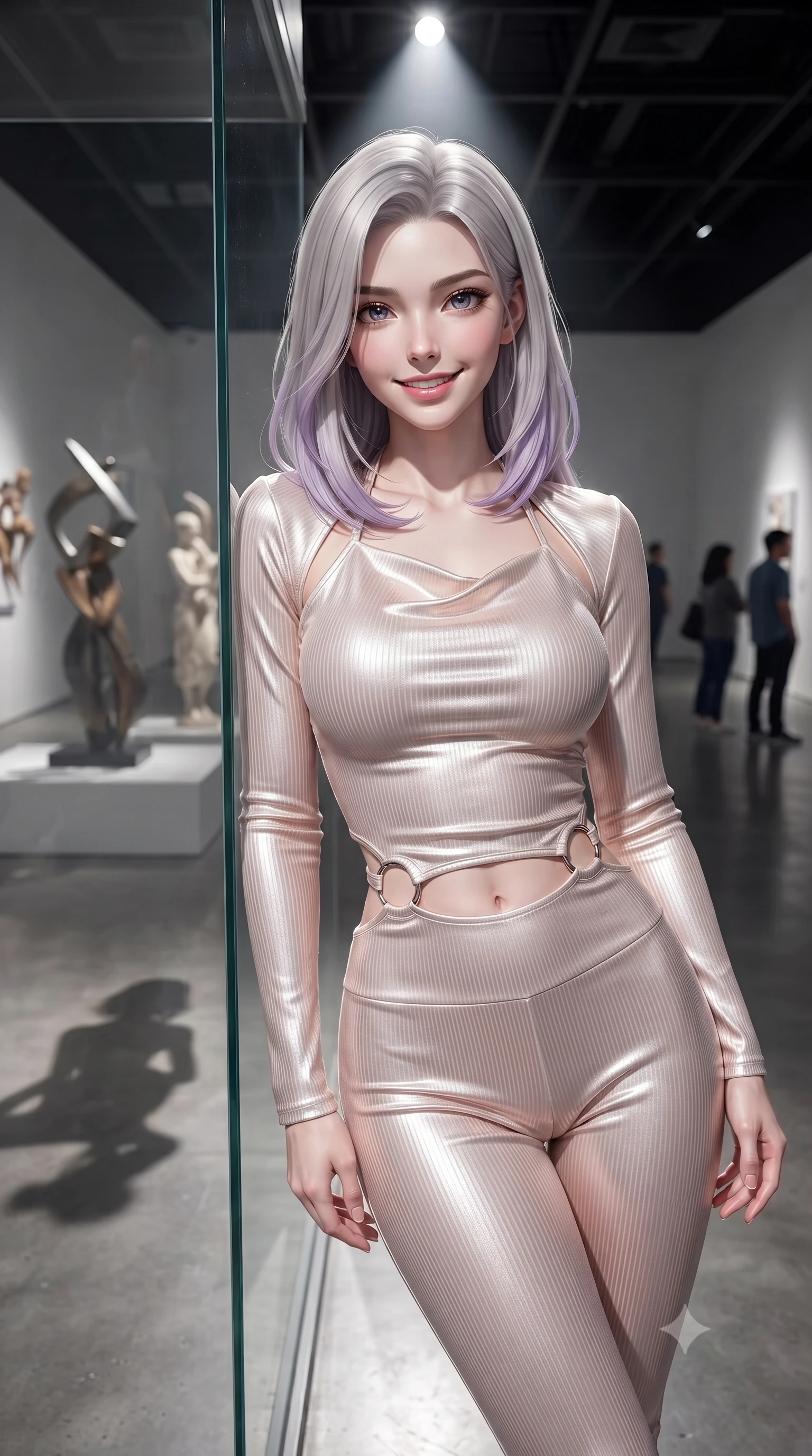score_9, masterpiece, best quality, ultra-detailed, high-budget anime keyframe, editorial fashion photography, tasteful artistic composition, Caucasian woman. close-up cowboy shot from the waist and thighs up, the character dominates the composition, filling the frame with her large presence, background elements kept in soft focus. Smiling with quiet, magnetic self-assurance directly into the lens resting against a glass partition inside a sleek contemporary exhibition hall, dramatic single fashion spotlights casting razor-sharp shadows on the floor. She has an exceptionally elegant, slender, and willowy female figure with an ultra-slim waist, a gracefully sculpted slender torso, and a refined silhouette. sharp v-shaped jawline, high-bridge nose, intricate jewel-like eyes with depth, thick eyelashes, glossy lips with a natural sheen. wearing a form-fitting ribbed activewear set with collar cutouts in pearl white and rose gold, made of premium stretch velvet with a rich sheen, accented with delicate chrome ring hardware framing her waist, the elegant draped fit framing her graceful clavicle and slender torso. surrounded by a sophisticated, high-fashion gallery illumination. ultra-reflective glossy finish, specular highlights, metallic sheen, high-contrast stereoscopic depth, volumetric dynamic lighting, 2k, ultra detail, master piece, 9:16 ratio