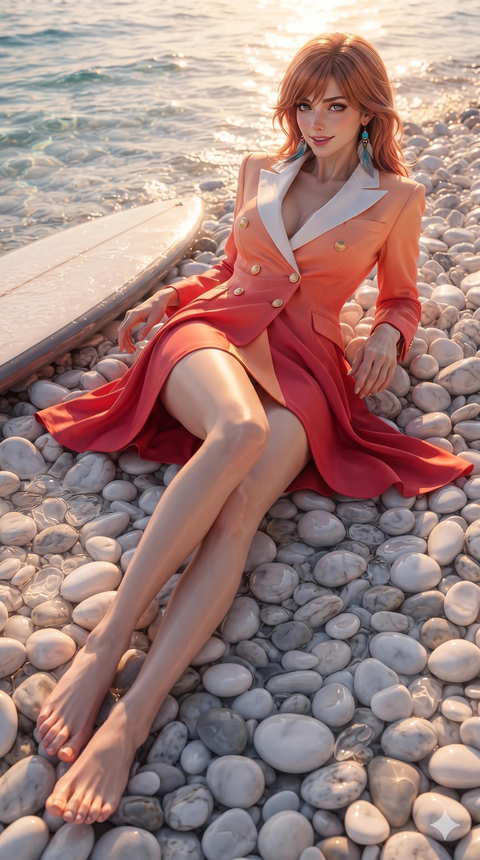 score_9, masterpiece, best quality, ultra-detailed, high-budget anime keyframe, editorial fashion photography, tasteful artistic composition, Korean woman. low angle full-body shot from head to toe showing her feet, filling the entire 9:16 vertical frame with her statuesque presence, stretching her vertical silhouette. executing a slow, graceful pivot turn as her silk wrap skirt sways around her slender legs, glancing back with an enchanting, teasing sensual expression while lounging across the smooth white marble pebble beach propped on both elbows, her flat midriff and long slender legs bathed in molten golden evening light. The surrounding environment is rendered in vivid detail and crisp panoramic clarity: sharp smooth white marble pebble textures, crystal water surface refraction, and polished surfboard fiberglass sheen in deep focus. She has an absolutely perfect, statuesque 8.5-heads proportion, an exceptionally tall and slender model-like female figure with impossibly long slender legs, an ultra-slim waist, a flat toned midriff, narrow delicate ribcage, and beautifully sculpted feminine hips creating a graceful, slim hourglass silhouette without any bulky heaviness. sharp v-shaped jawline, high-bridge nose, sparkling eyes with hypnotic seductive depth, thick curled eyelashes, glossy parted lips with a natural dewy peach sheen, alluring bedroom-eyes with an enchanting coquettish smile, exuding magnetic siren charisma and sophisticated glamour, flawlessly proportioned anatomical accuracy, strict slender model proportions, natural body alignment, perfectly sculpted long slender limbs, ultra-slim waistline, clean dynamic posture without body distortion. wearing a tailored double-breasted nautical yachting blazer dress with gold anchor crest buttons and crisp white lapels in blazing sunset peach and deep coral crimson, tailored from heavy double-faced silk georgette with an exceptionally fluid drape, accented with turquoise and silver bohemian feather earrings swaying near her bare neck, the bespoke structured tailoring following the natural line of her 8.5-heads silhouette with refined elegance. illuminated by wet pebble shoreline bounce and sharp honey-gold rim lighting defining her jawline, flat midriff, and voluptuous hip curves. ultra-reflective glossy finish, specular highlights, rich textural contrasts, high-contrast stereoscopic depth, volumetric dynamic lighting, 2k, ultra detail, master piece, 9:16 ratio