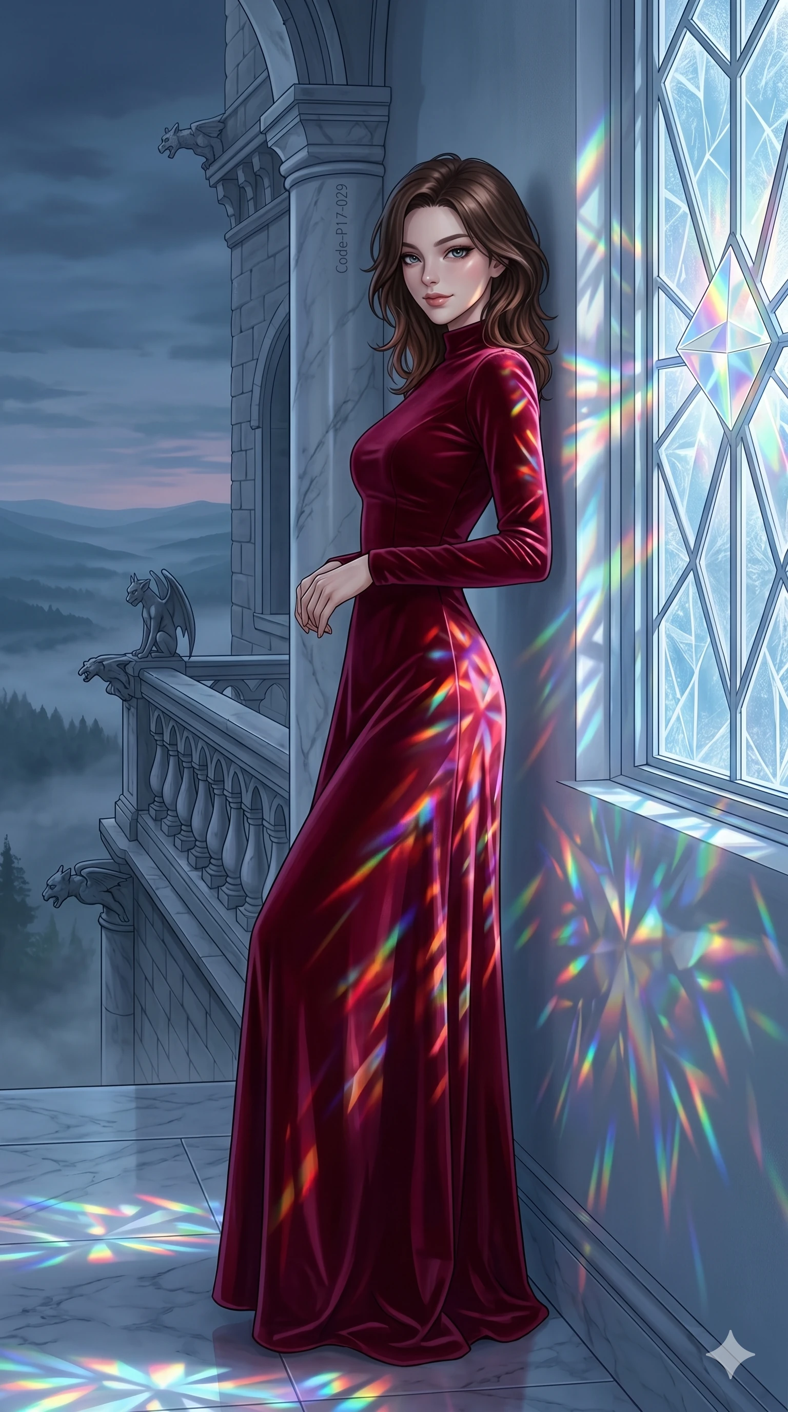 score_9, masterpiece, best quality, ultra-detailed, high-budget anime keyframe, editorial fashion photography, tasteful artistic composition, Korean woman. cowboy shot from the thighs up, character and outfit filling the frame for maximum editorial presence. leaning against a gallery wall, looking over her shoulder with a smoldering half-smile standing on a marble balcony of a castle overlooking a misty valley (Code-P17-029). She has an absolutely perfect 8-heads proportion, an exceptionally tall and slender female figure with impossibly long slender legs and an ultra-slim waist. V-shaped jawline, high-bridge nose, intricate jewel-like eyes with depth, thick eyelashes, glossy lips with a natural sheen. wearing a long-sleeved high-neck velvet gown with neat tailored stitching. cascading rainbow prismatic light refracting through the ice, painting patterns on her body. 2k, ultra detail, master piece, 9:16 ratio