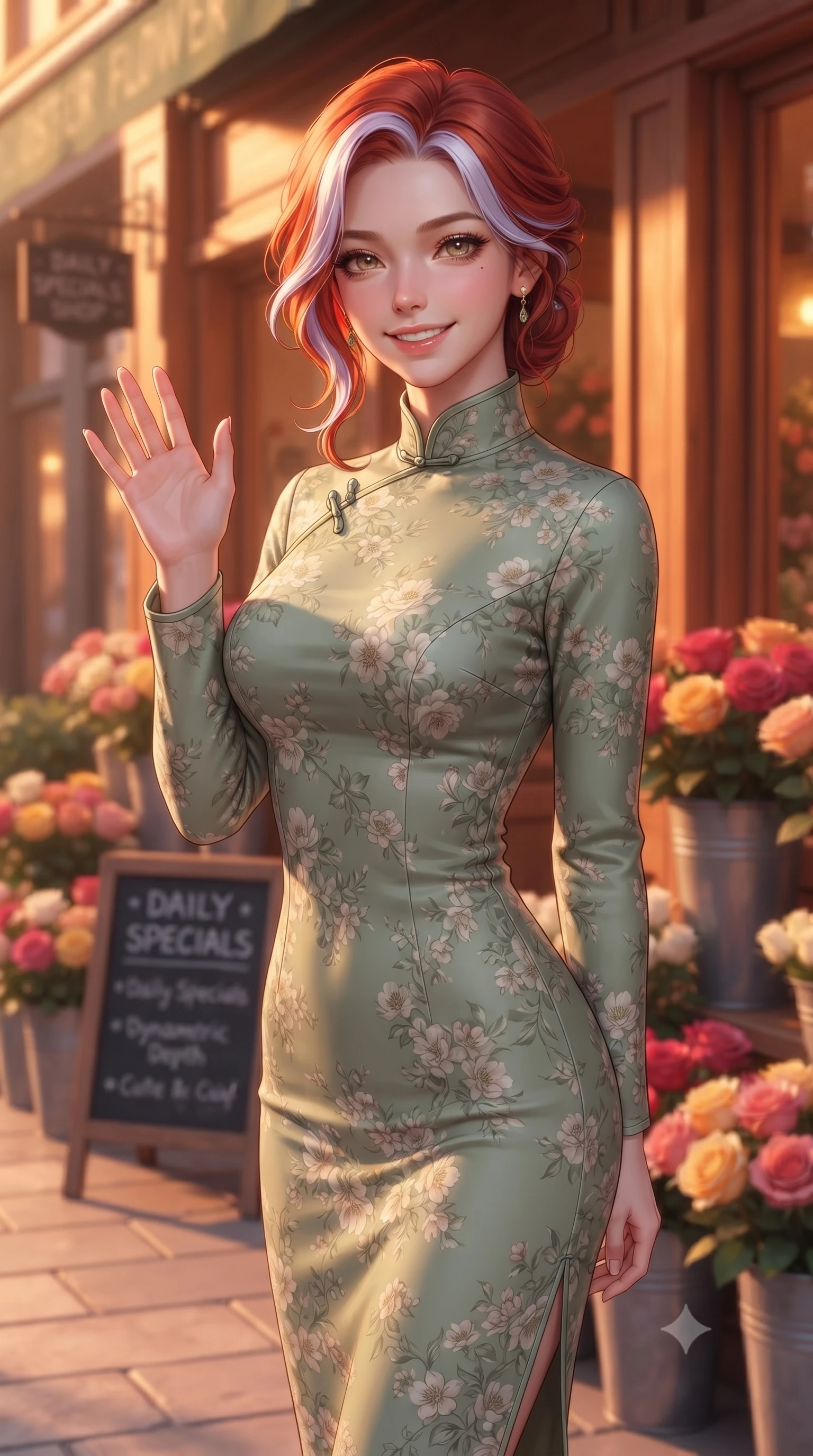 score_9, masterpiece, best quality, ultra-detailed, high-budget anime keyframe, editorial fashion photography, tasteful artistic composition, Caucasian woman. close-up cowboy shot from the waist and thighs up, the character dominates the composition, filling the frame with her large presence, background elements kept in soft focus. flashing a sweet, beaming smile while waving one hand gently toward the camera set against a soft-focus background of outside a charming flower shop alley filled with buckets of colorful roses with a small chalkboard sign showing daily specials written in cute lettering. She has an exceptionally elegant, slender, and willowy female figure with an ultra-slim waist, a gracefully sculpted slender torso, and a refined silhouette. sharp v-shaped jawline, high-bridge nose, intricate jewel-like eyes with depth, thick eyelashes, glossy lips with a natural sheen. wearing form-contouring lovely floral print midi dress in sage green, featuring a high collar and long sleeves. cozy golden hour sunset light painting the wooden shopfronts in orange. ultra-reflective glossy finish, specular highlights, metallic sheen, high-contrast stereoscopic depth, volumetric dynamic lighting, 2k, ultra detail, master piece, 9:16 ratio