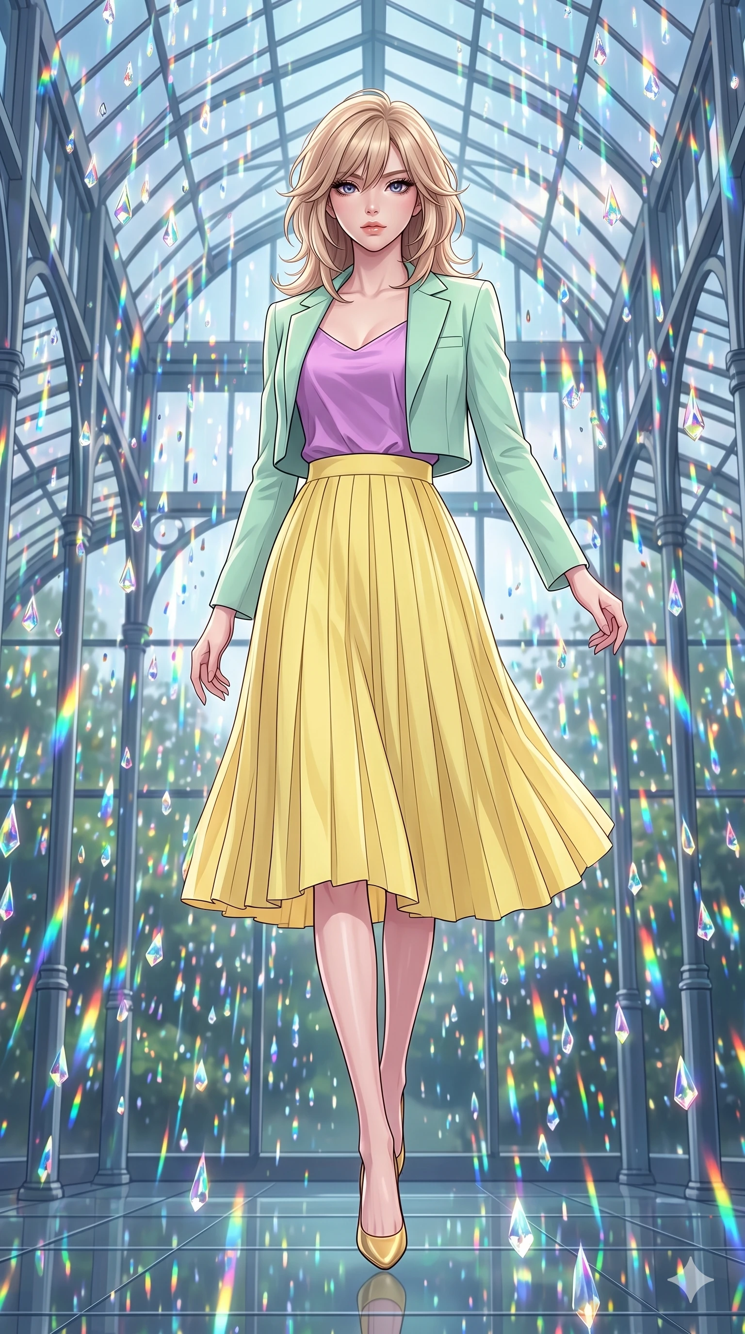 score_9, masterpiece, best quality, ultra-detailed, high-budget anime keyframe, editorial fashion photography, tasteful artistic composition, Japanese woman. low angle full-body shot from head to toe showing her feet, filling the entire 9:16 vertical frame with her statuesque presence, stretching her vertical silhouette. leaping gracefully through a glass pavilion where crystallized rainbow rain falls in extreme slow motion each droplet a tiny perfect prism refracting light into individual spectral beams as it descends through the still air. She has a statuesque 8.5-heads proportion, an exceptionally tall, slender and willowy model-like build with impossibly long legs and a highly sculpted ultra-slim waist. sharp v-shaped jawline, high-bridge nose, intricate jewel-like eyes with depth, thick eyelashes, glossy lips with a natural sheen. wearing a pastel mint green cropped blazer layered over an orchid purple silk slip top, paired with a high-waisted lemon yellow pleated midi skirt and gold heels. each crystalline raindrop acts as a micro-prism casting tiny focused rainbows that collectively create a dense field of spectral light filling the pavilion. 2k, ultra detail, master piece, 9:16 ratio