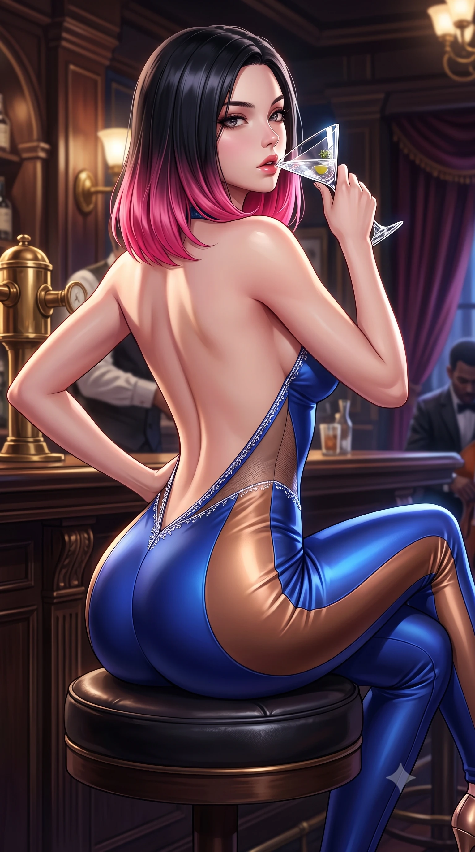 score_9, masterpiece, best quality, ultra-detailed, high-budget anime keyframe, semi-realistic 3D game render, editorial fashion photography, tasteful artistic composition, Korean woman. close-up cowboy shot from the waist and thighs up, the character dominates the composition, filling the frame with her large presence. posing in an alluring rear three-quarter angle, arching her lower back in a pronounced S-curve with one hand on her hip, glancing seductively over her bare shoulder with parted glossy lips while sitting high on a dark leather circular barstool with legs crossed, arching her lower back while holding a crystal cocktail glass to her parted lips. The surrounding environment is rendered in vivid detail and crisp panoramic clarity. intense atmospheric jazz-noir chiaroscuro and sophisticated speakeasy romance aesthetics in precision. She has an exceptionally elegant, slender, and willowy female figure with an ultra-slim waist, flat toned midriff, narrow ribcage, and sculpted feminine hips creating an alluring, slim hourglass silhouette without bulk. sharp v-shaped jawline, high-bridge nose, intricate jewel-like eyes with depth, thick eyelashes, glossy parted lips with a natural sheen, intensely captivating and seductive bedroom-eyes expression, flawlessly proportioned anatomical accuracy, strict slender model proportions, natural body alignment, perfectly sculpted long slender limbs, ultra-slim waistline, clean dynamic posture without body distortion. wearing a second-skin compression catsuit with an open back and sheer mesh side waist contouring in royal sapphire blue and liquid bronze, tailored from ultra-smooth duchess satin with a pearlescent sheen, finished with delicate crystal frost embroidery tracing the plunging neckline, the glove-like aerodynamic silhouette tightly following the natural contour of her hips and long slender legs with statuesque 8.5-heads elegance. surrounded by a sultry, scandalous, and irresistibly intoxicating jazz-age siren aura. highly saturated vibrant anime colors, detailed shading with soft gradients, rich glossy textures, high-contrast stereoscopic depth, volumetric dynamic lighting, master piece, 9:16 ratio