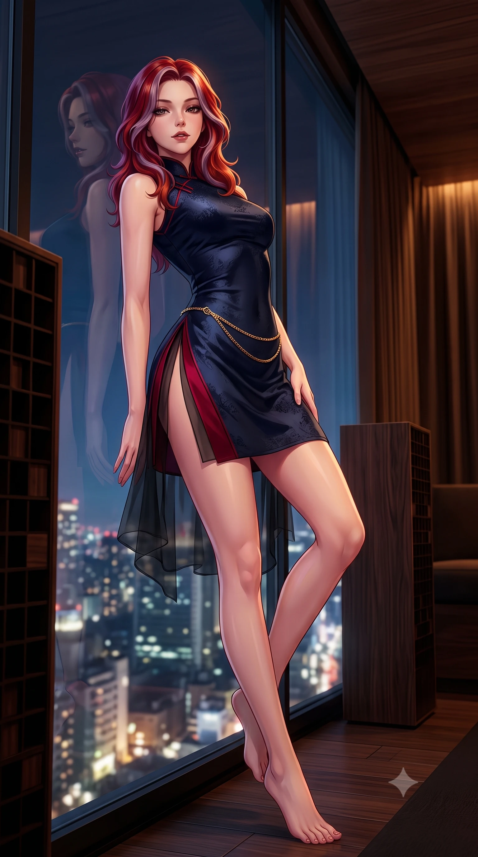 score_9, masterpiece, best quality, ultra-detailed, high-budget anime keyframe, semi-realistic 3D game render, editorial fashion photography, tasteful artistic composition, Caucasian woman. low angle full-body shot from head to toe showing her feet, filling the entire 9:16 vertical frame with her statuesque presence, stretching her vertical silhouette. leaning back against the panoramic glass window with hips cocked back in an unapologetically alluring high-fashion stance, illuminated by the city night vista while twisting her slender torso in an alluring contrapposto stance near the dark walnut acoustic diffusers, her fitted fit tracing her hourglass curves. The composition keeps background elements in soft focus with dreamy creamy bokeh. dimly lit acoustic timber walls and private booth drapes softened in intimate audiophile shallow focus. She has an exceptionally tall and slender model-like 8.5-heads proportion, an ultra-slim waist, a flat toned midriff, narrow delicate ribcage, and beautifully sculpted feminine hips creating a graceful, slim hourglass silhouette without any bulky heaviness, with impossibly long slender legs. sharp v-shaped jawline, high-bridge nose, intricate jewel-like dark sparkling eyes with dangerous depth, thick curled eyelashes, glossy parted lips with a rich wine sheen, smoldering seductive half-smile with bedroom-eyes, exuding effortless superiority and intoxicating dark allure, flawlessly proportioned anatomical accuracy, strict slender model proportions, natural body alignment, perfectly sculpted long slender limbs, ultra-slim waistline, clean dynamic posture without body distortion. wearing a modern tailored cheongsam mini dress in midnight navy jacquard silk with dramatic side hip slits in ruby crimson and muted shadow black, crafted from layered gossamer black organza with weightless, smoky flutter, finished with a delicate gold snake chain belt resting loosely across her curvy hips, the liquid-tight tailored fabric clinging flawlessly to her narrow waist and rounded feminine hips, emphasizing every millimeter of her sculpted slim hourglass curves without any bulky heaviness. bathed in moody warm tube amplifier amber glow and dark walnut ambient bounce. highly saturated vibrant anime colors, detailed shading with soft gradients, rich glossy textures, high-contrast stereoscopic depth, volumetric dynamic lighting, master piece, 9:16 ratio