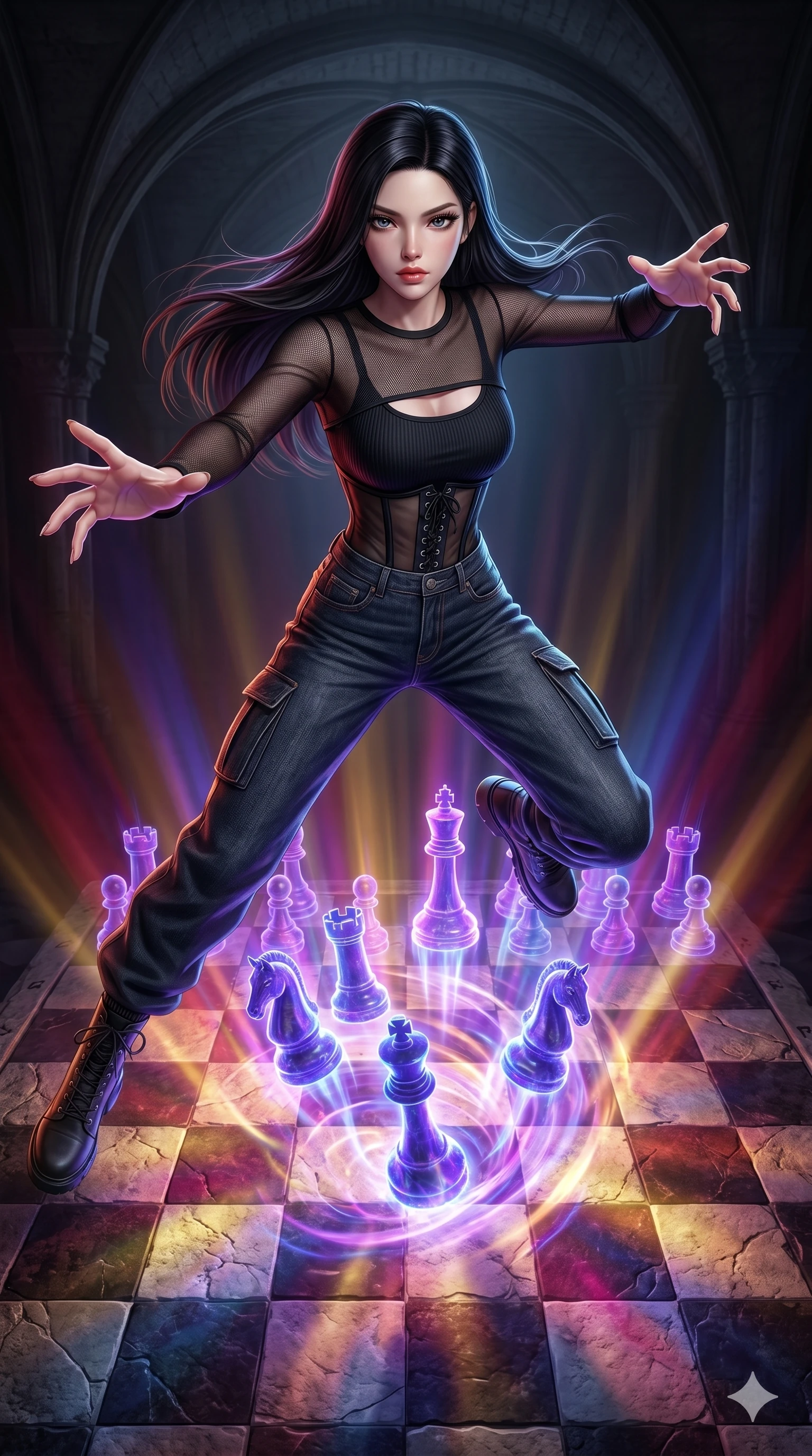 score_9, masterpiece, best quality, ultra-detailed, photorealistic 8k CG, hyper-detailed textures, ray-tracing, Japanese woman. Extreme high angle shot as she leaps towards the camera, filling the frame. summoning a phantom army of chess pieces on a giant board. She has an absolutely perfect 8-heads proportion, an exceptionally tall and slender female figure with an ultra-slim waist and impossibly long slender legs. strictly human anatomy, two legs only, no extra limbs, clearly defined legs and arms, perfect anatomy, perfect hands and fingers. sharp v-shaped jawline, high-bridge nose, intricate jewel-like eyes, thick eyelashes, glossy lips. Wearing Urban Trendsetter: Ribbed bodycon dress, crop top with high-waist denim, and sheer corset with cargo pants. The scene is illuminated by dramatic atmospheric lighting and vibrant color palettes. , 2k, ultra detail, master piece, 9:16 ratio