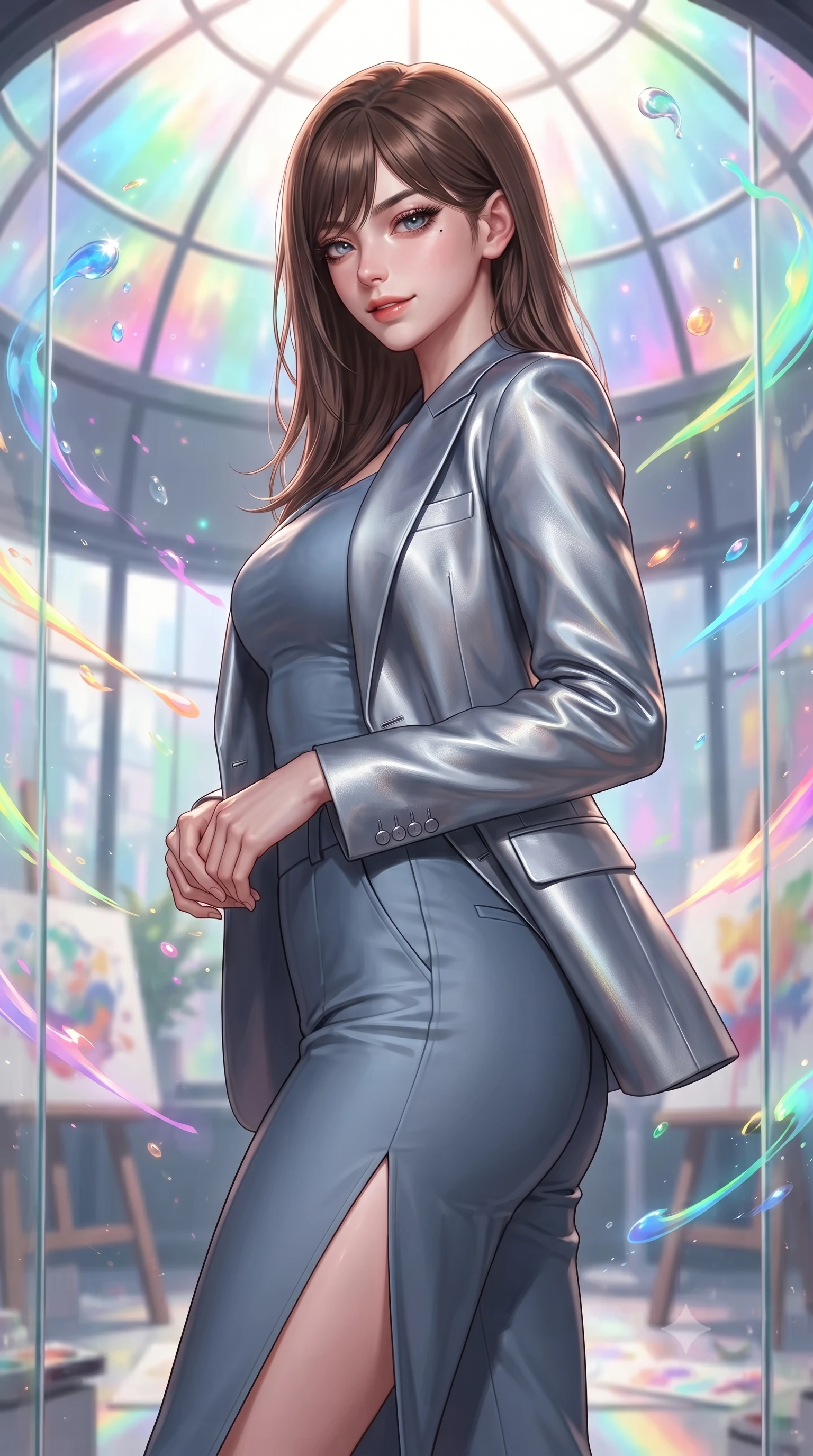 score_9, masterpiece, best quality, ultra-detailed, high-budget anime keyframe, editorial fashion photography, tasteful artistic composition, Korean woman. close-up cowboy shot from the waist and thighs up, the character dominates the composition, filling the frame with her large presence, background elements kept in soft focus. Glancing sidelong over her shoulder with a smoldering half-smile and heavy lashes standing inside a glass-domed art atelier filled with floating liquid paint swirls, glowing neon brushstrokes floating poetically around her silhouette. She has an exceptionally elegant, slender, and willowy female figure with an ultra-slim waist, a gracefully sculpted slender torso, and a refined silhouette. sharp v-shaped jawline, high-bridge nose, intricate jewel-like eyes with depth, thick eyelashes, glossy lips with a natural sheen. wearing a tailored silk blazer over a form-contouring top and fitted slacks in slate blue and metallic silver, woven from fine semi-opaque sheer organza, finished with a sleek side slit ascending to mid-thigh, the tailored fabric tightly following every curve of her athletic build. illuminated by brilliant multi-color rainbow light refracting through glass. ultra-reflective glossy finish, specular highlights, metallic sheen, high-contrast stereoscopic depth, volumetric dynamic lighting, 2k, ultra detail, master piece, 9:16 ratio