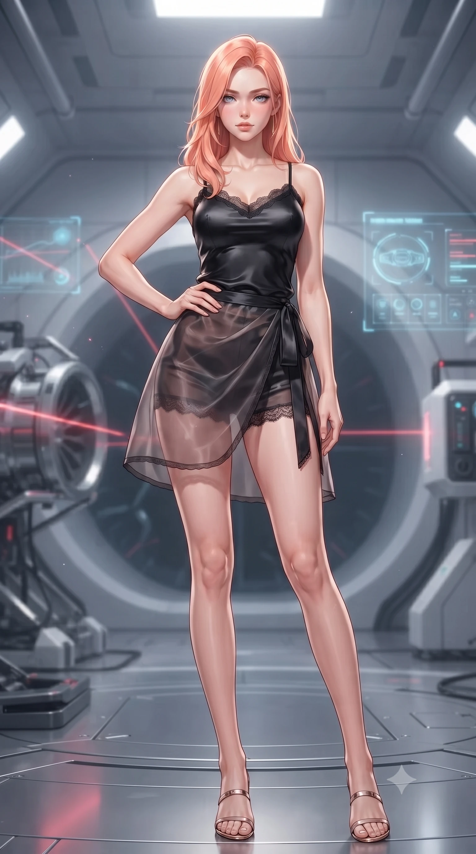 score_9, masterpiece, best quality, ultra-detailed, high-budget anime keyframe, editorial fashion photography, tasteful artistic composition, Japanese woman. low angle full-body shot from head to toe showing her feet, filling the entire 9:16 vertical frame with her statuesque presence, stretching her vertical silhouette. posing confidently with one hand on her hip, stretching her statuesque body to emphasize her curves the background shows a soft-focus a futuristic vehicle testing chamber with wind tunnels and laser indicators. She has an absolutely perfect, statuesque 8.5-heads proportion, an exceptionally tall and slender model-like female figure with impossibly long slender legs and an ultra-slim waist. sharp v-shaped jawline, high-bridge nose, intricate jewel-like eyes with depth, thick eyelashes, glossy lips with a natural sheen. wearing a body-hugging delicate lace-trim camisole in black silk, paired with a sheer organza wrap skirt and shorts. focused white spotlights casting clean, structured shadows across her pose. ultra-reflective glossy finish, specular highlights, metallic sheen, high-contrast stereoscopic depth, volumetric dynamic lighting, 2k, ultra detail, master piece, 9:16 ratio