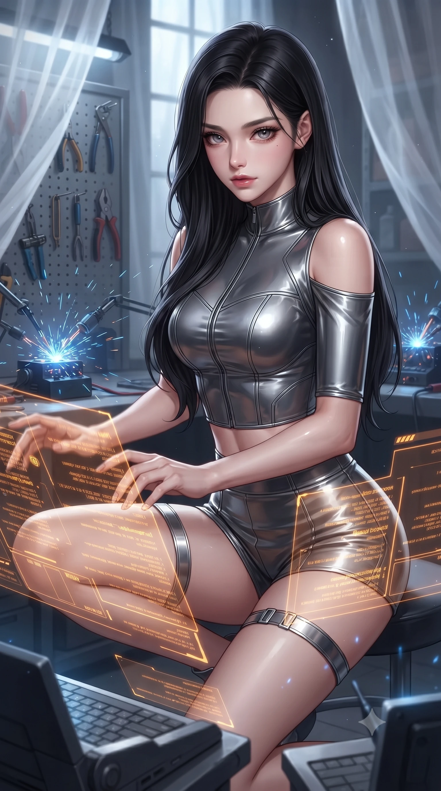 score_9, masterpiece, best quality, ultra-detailed, high-budget anime keyframe, editorial fashion photography, tasteful artistic composition, realistic cosplay photography, Korean woman. close-up cowboy shot from the waist and thighs up, the character dominates the composition, filling the frame with her large presence, background elements kept in soft focus. Hacking a security terminal in a low crouch, fingers moving in a blur as amber code screens surround her. set against a soft-focus background of a secret hideout where stolen security drones are rewired, tools hanging from walls, and blue sparks flying from solder stations. She has an exceptionally elegant and slender, willowy female figure with an ultra-slim waist, a gracefully sculpted slender torso, and a refined slim physique. sharp v-shaped jawline, high-bridge nose, intricate jewel-like eyes with depth, thick eyelashes, glossy lips with a natural sheen. wearing tailored for maximum mobility, sleek form-contouring panels that allow fluid movement, a slim-fit cyber-warrior corset-style crop top with exposed shoulders, paired with high-waisted micro-shorts and metallic thigh straps. cold silver moonlight filtered through translucent gossamer curtains casting delicate shadows. ultra-reflective glossy finish, specular highlights, metallic sheen, high-contrast stereoscopic depth, volumetric dynamic lighting, 2k, ultra detail, master piece, 9:16 ratio