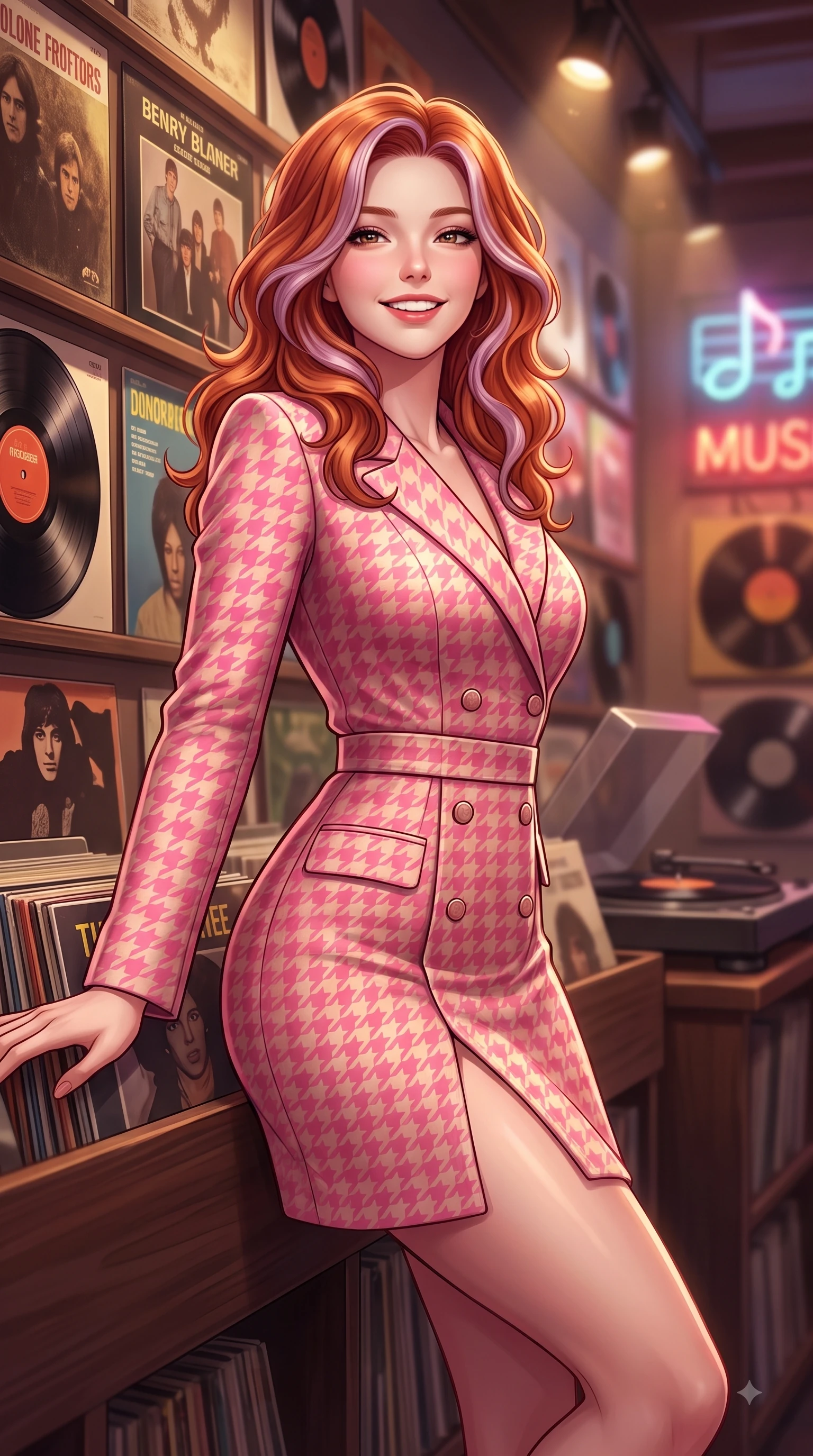 score_9, masterpiece, best quality, ultra-detailed, high-budget anime keyframe, editorial fashion photography, tasteful artistic composition, Caucasian woman. close-up cowboy shot from the waist and thighs up, the character dominates the composition, filling the frame with her large presence. Tilting her chin up with a sweet beaming smile of pure delight while balancing dynamically amidst the scene while leaning against a wall lined with classic vinyl album covers under warm spotlights. The composition keeps background elements in soft focus with dreamy bokeh. turntables and neon music signs softened by gentle warm depth of field. She has an exceptionally elegant, slender, and willowy female figure with an ultra-slim waist, a gracefully sculpted slender torso, and a refined silhouette. sharp v-shaped jawline, high-bridge nose, intricate jewel-like eyes with depth, thick eyelashes, glossy lips with a natural sheen, flawlessly proportioned anatomical accuracy, natural body alignment, perfectly sculpted elegant limbs, clean dynamic posture without body distortion. wearing a tailored double-breasted blazer dress with a sleek waist belt and clean lines in bright cherry blossom pink and champagne, tailored from fine wool crepe with clean lines, featuring a sleek side leg slit ascending to mid-thigh, the form-contouring material highlighting her ultra-slim waist and long lines. surrounded by a nostalgic, warm, and intimate retro music atmosphere. highly saturated vibrant anime colors, detailed shading with soft gradients, rich glossy textures, high-contrast stereoscopic depth, volumetric dynamic lighting, master piece, 9:16 ratio