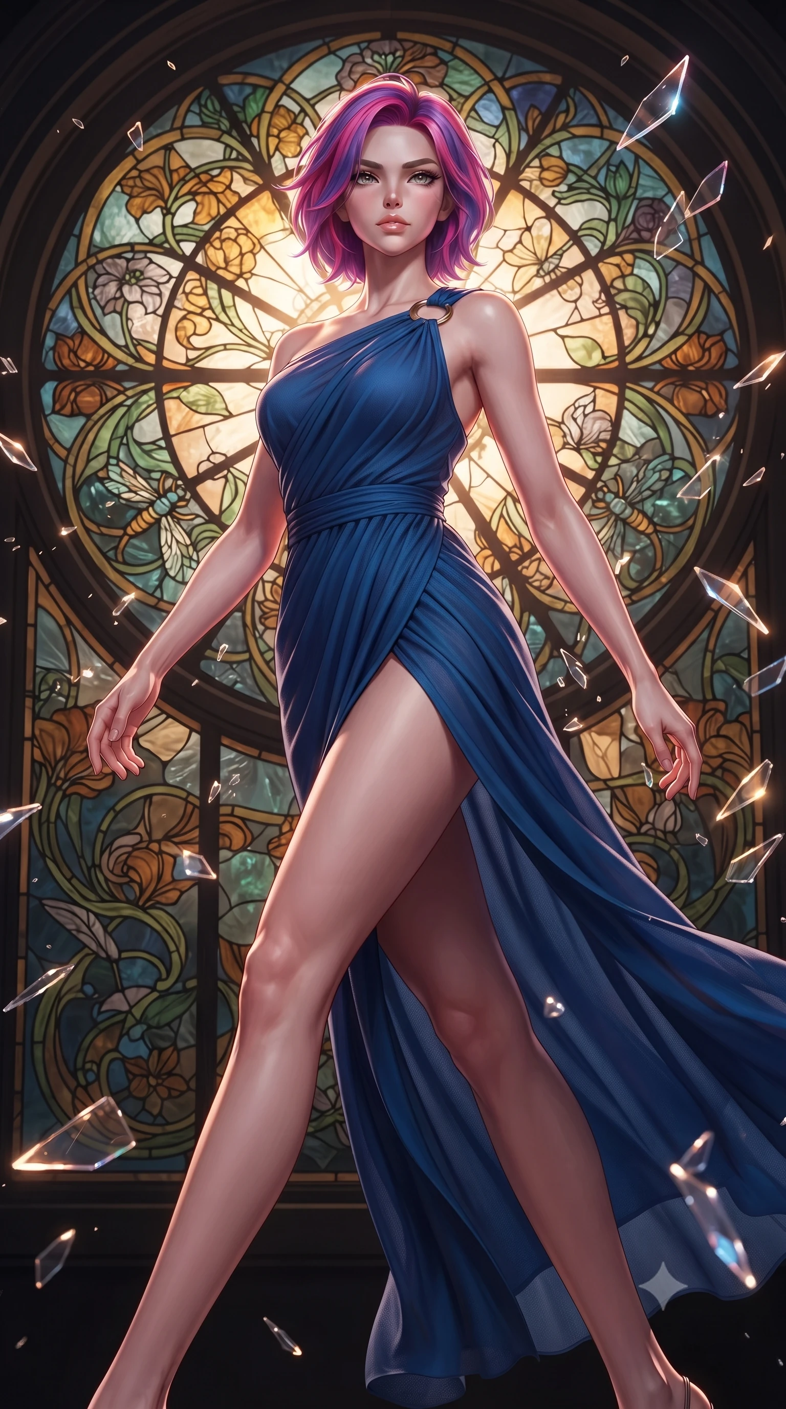 score_9, masterpiece, best quality, ultra-detailed, high-budget anime keyframe, editorial fashion photography, tasteful artistic composition, Caucasian woman. low angle full-body shot from head to toe showing her feet, filling the entire 9:16 vertical frame with her statuesque presence, stretching her vertical silhouette. forging dynamically through the scene, her vertical silhouette beautifully stretched standing before a monumental Art Nouveau stained glass rose window, shattered glass shards catching bright specular highlights in mid-air. She has an absolutely perfect, statuesque 8.5-heads proportion, an exceptionally tall and slender model-like female figure with impossibly long slender legs and an ultra-slim waist. sharp v-shaped jawline, high-bridge nose, intricate jewel-like eyes with depth, thick eyelashes, glossy lips with a natural sheen. wearing an elegant Grecian draped chiffon gown with an asymmetrical shoulder strap and ring detail, the sleek second-skin texture accentuating her magnetic presence. illuminated by a warm golden key light and brilliant multi-color rim light. ultra-reflective glossy finish, specular highlights, metallic sheen, high-contrast stereoscopic depth, volumetric dynamic lighting, 2k, ultra detail, master piece, 9:16 ratio