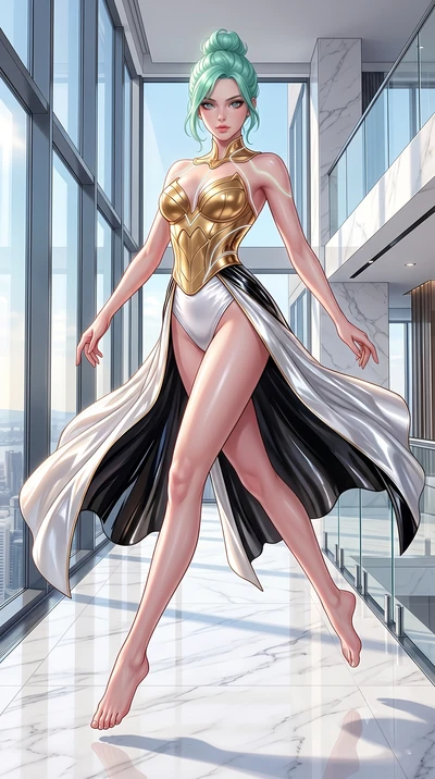 score_9, masterpiece, best quality, ultra-detailed, high-budget anime keyframe, semi-realistic 3D game render, editorial fashion photography, tasteful artistic composition, Japanese woman. low angle full-body shot from head to toe showing her feet, f
