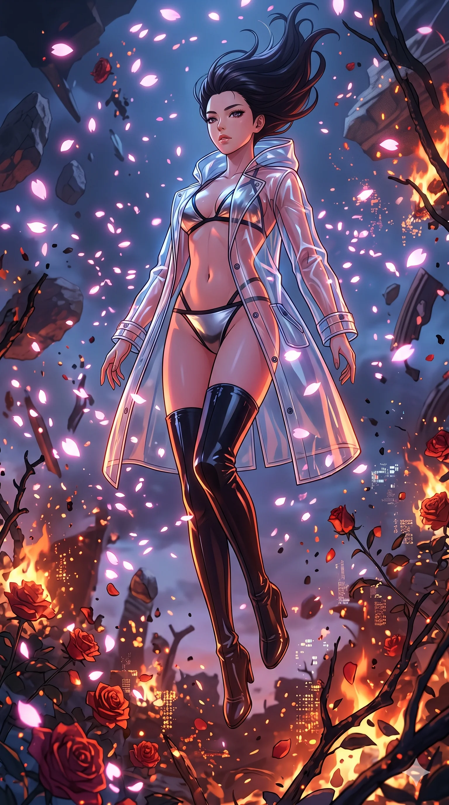 score_9, masterpiece, best quality, ultra-detailed, Set A: High-budget Anime Keyframe, Korean woman. Low angle cowboy shot filling the entire 9:16 frame with her statuesque presence. Floating through a burning rose garden, as gravity fails and everything around her floats in state 36 and surrounded by digital sakura petals. She has an absolutely perfect 8-heads proportion, an exceptionally tall and slender female figure with impossibly long slender legs and an ultra-slim waist. Sharp v-shaped jawline, high-bridge nose, intricate jewel-like eyes with depth, thick eyelashes, glossy lips with a natural sheen. Wearing Transparent PVC raincoat over a metallic bikini and thigh-high patent boots. Cinematic lighting, vibrant colors, dramatic shadows, 2k, ultra detail, master piece, 9:16 ratio