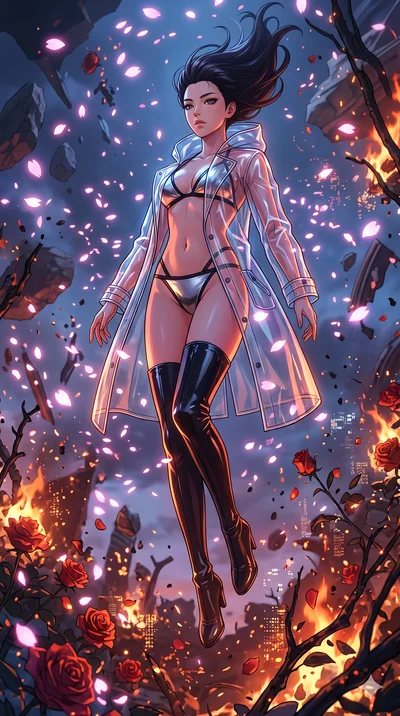 score_9, masterpiece, best quality, ultra-detailed, Set A: High-budget Anime Keyframe, Korean woman. Low angle cowboy shot filling the entire 9:16 frame with her statuesque presence. Floating through a burning rose garden, as gravity fails and everyt